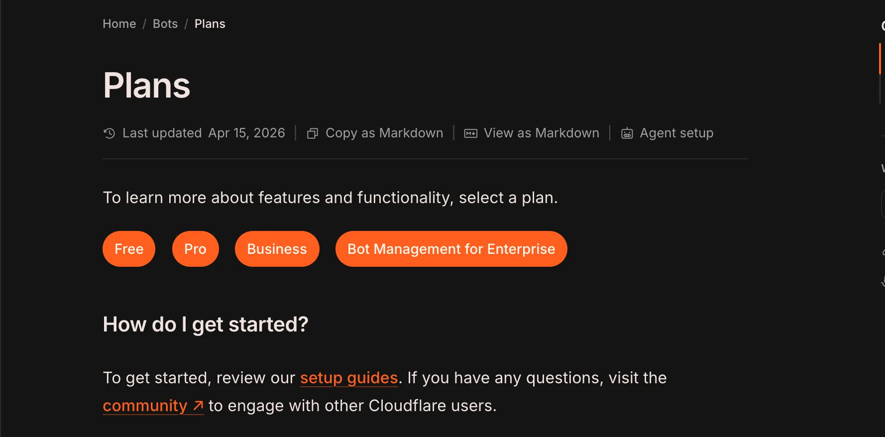 Cloudflare's bot plans documentation page showing four tiers: Free, Pro, Business, and Bot Management for Enterprise, last updated April 15, 2026