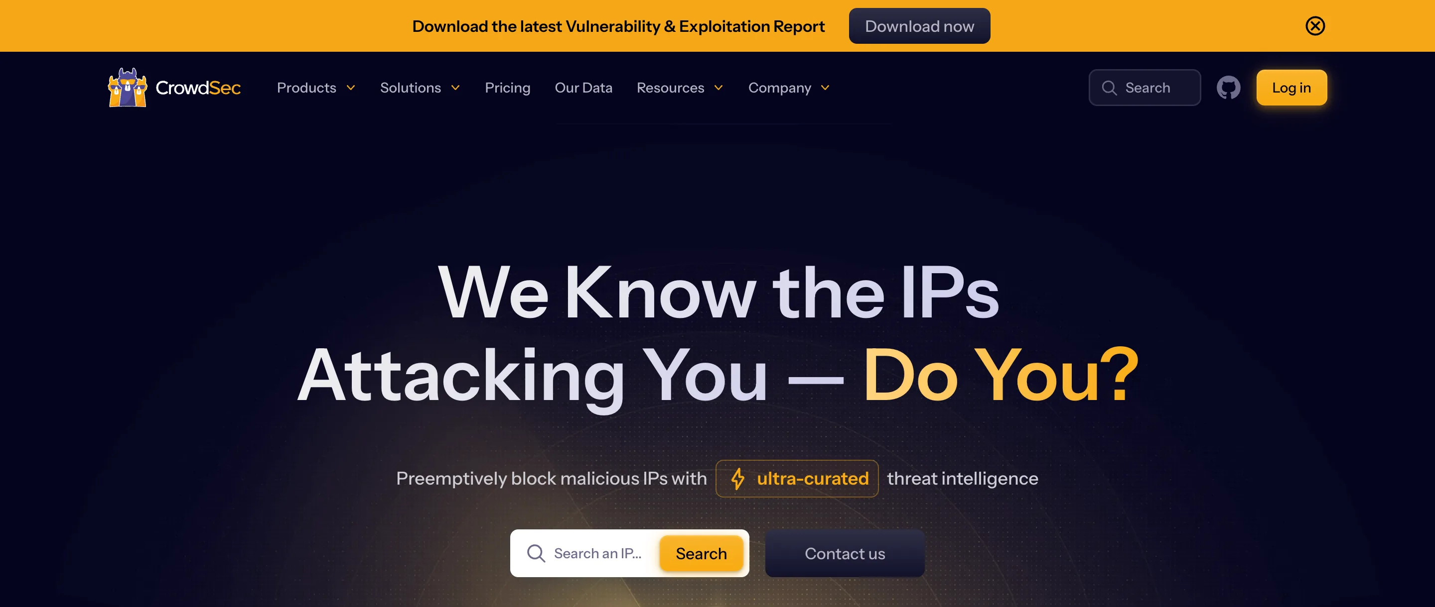 CrowdSec's homepage with the headline "We Know the IPs Attacking You. Do You?" and a search box for looking up an IP address
