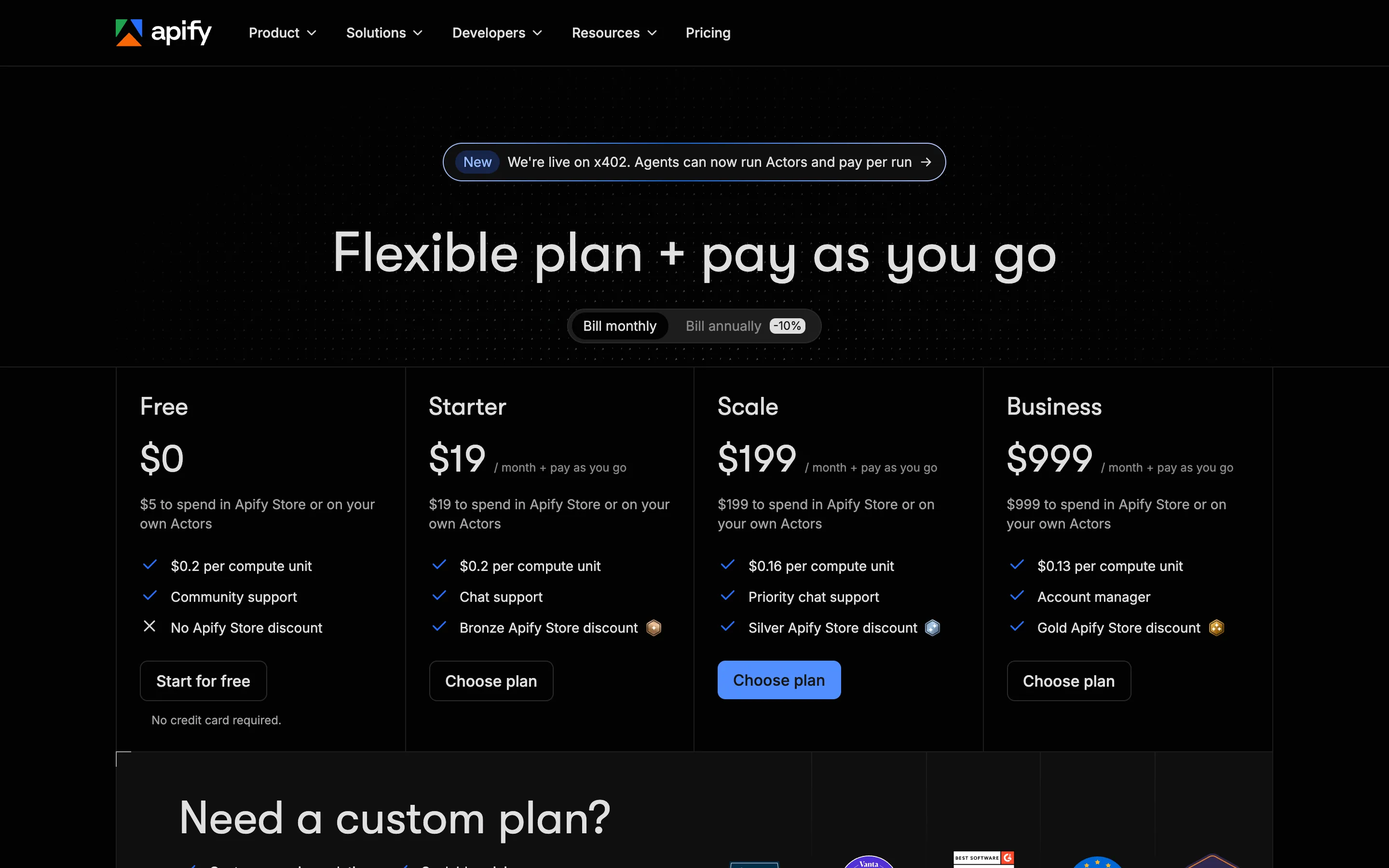 The Apify pricing page showing Free, Starter, Scale and Business plans at $0, $19, $199 and $999 per month with compute unit rates of $0.20, $0.20, $0.16 and $0.13, and a banner reading "We're live on x402"