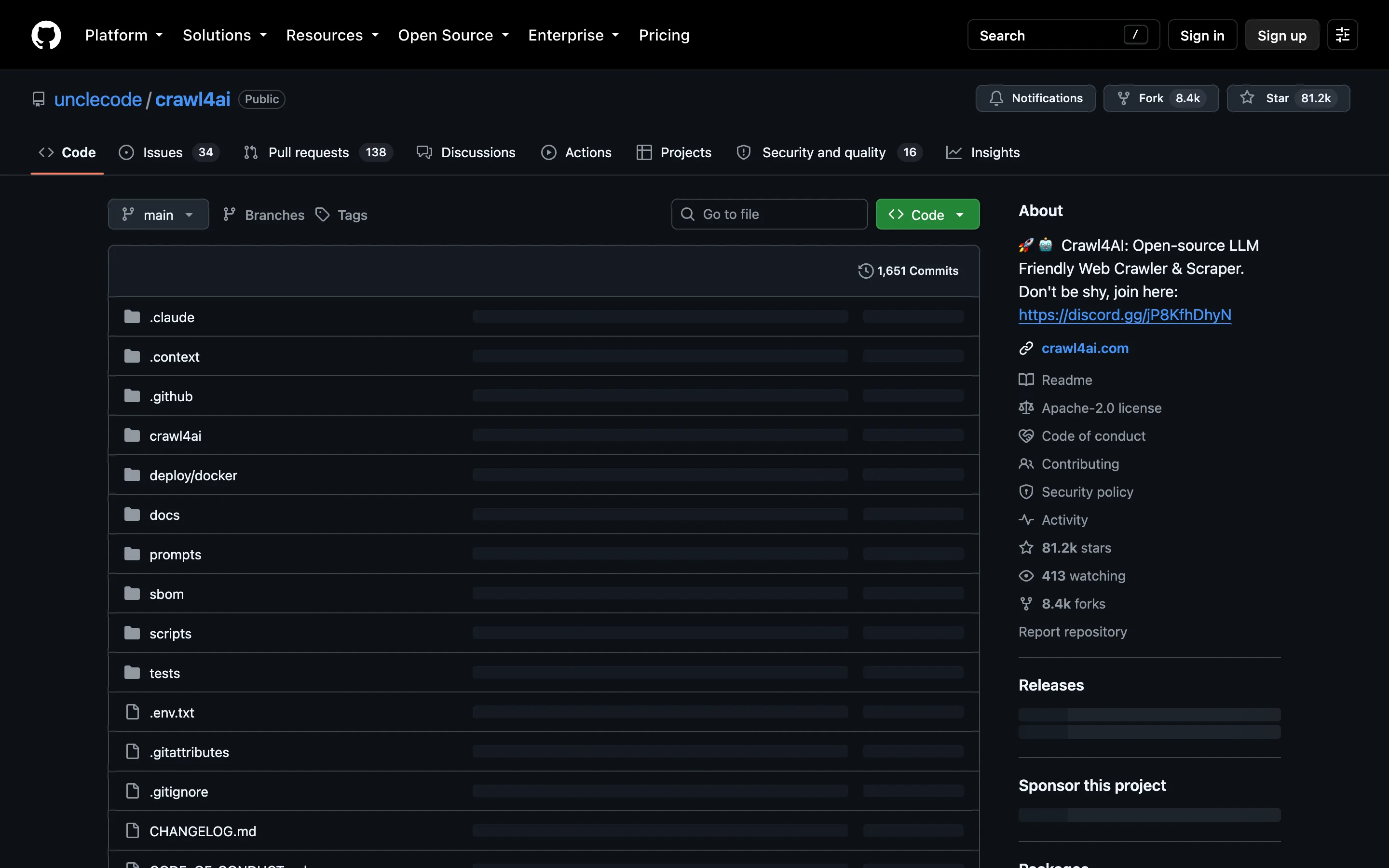 The unclecode/crawl4ai GitHub repository page showing 81.2k stars, 8.4k forks, an Apache-2.0 license, and the description "Crawl4AI: Open-source LLM Friendly Web Crawler & Scraper"