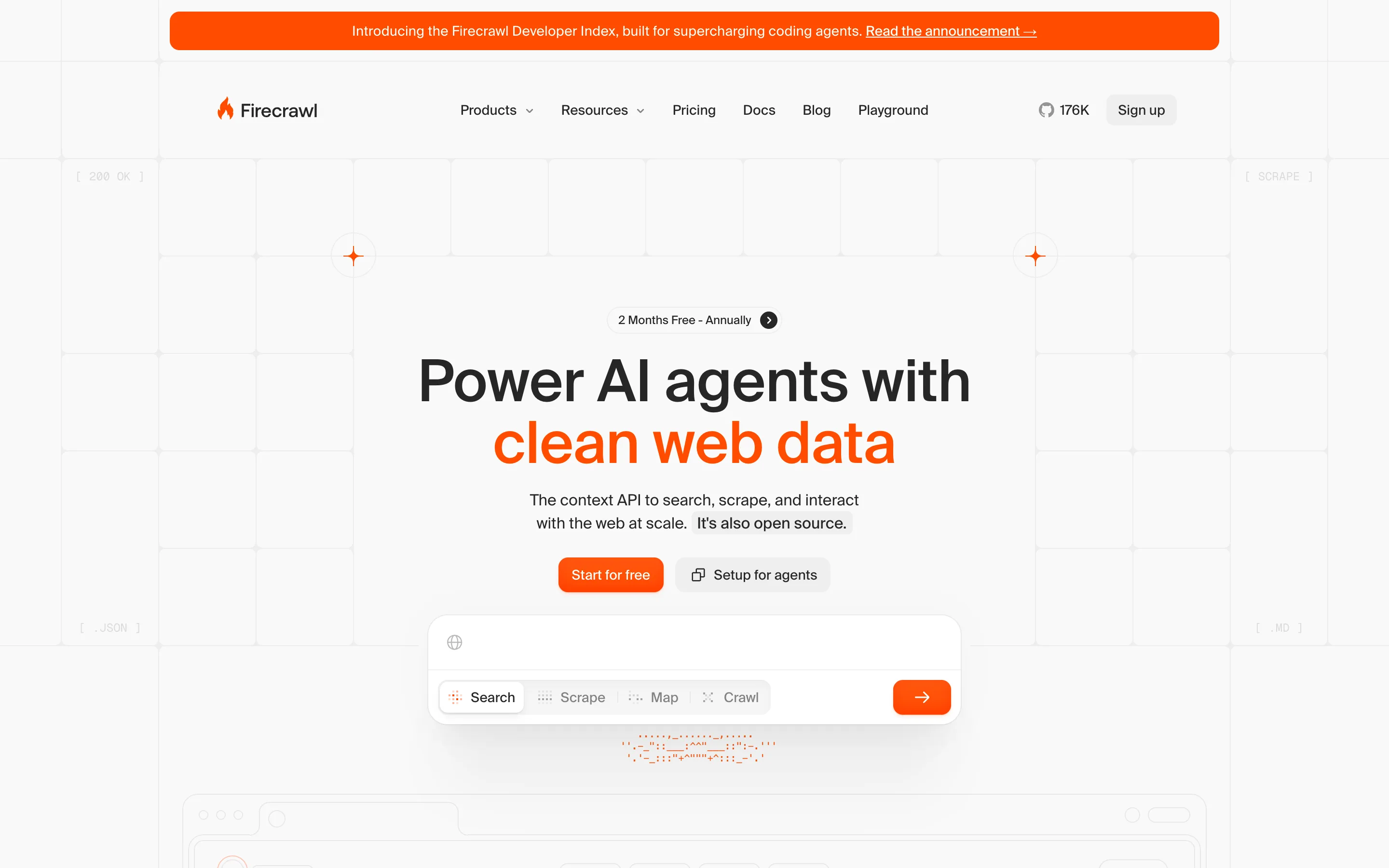 The Firecrawl homepage headlined "Power AI agents with clean web data," describing itself as "The context API to search, scrape, and interact with the web at scale," with a 176K GitHub star count in the navigation