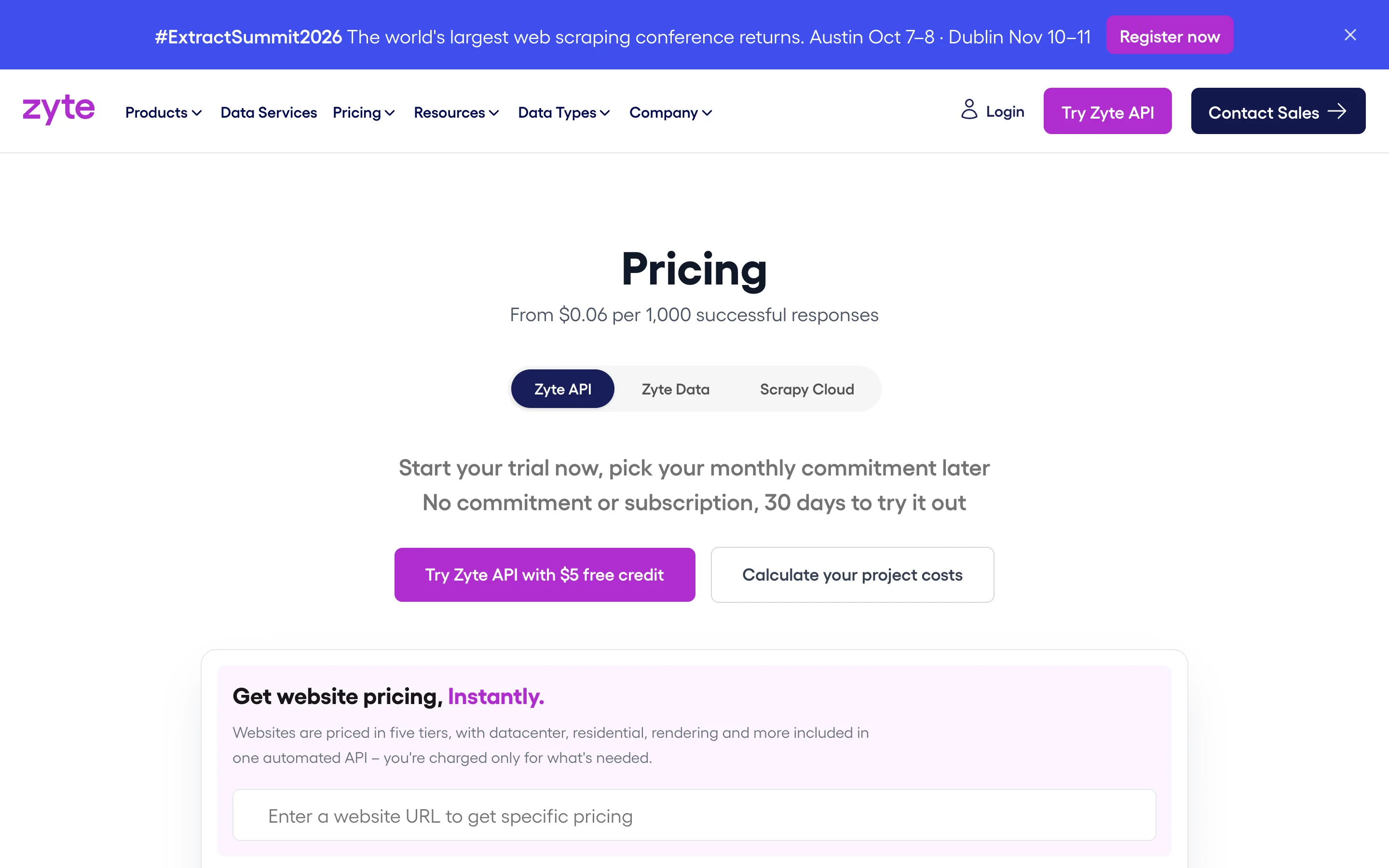 The Zyte pricing page headlined "Pricing, From $0.06 per 1,000 successful responses," with tabs for Zyte API, Zyte Data and Scrapy Cloud, and a $5 free trial credit offer with no commitment for 30 days