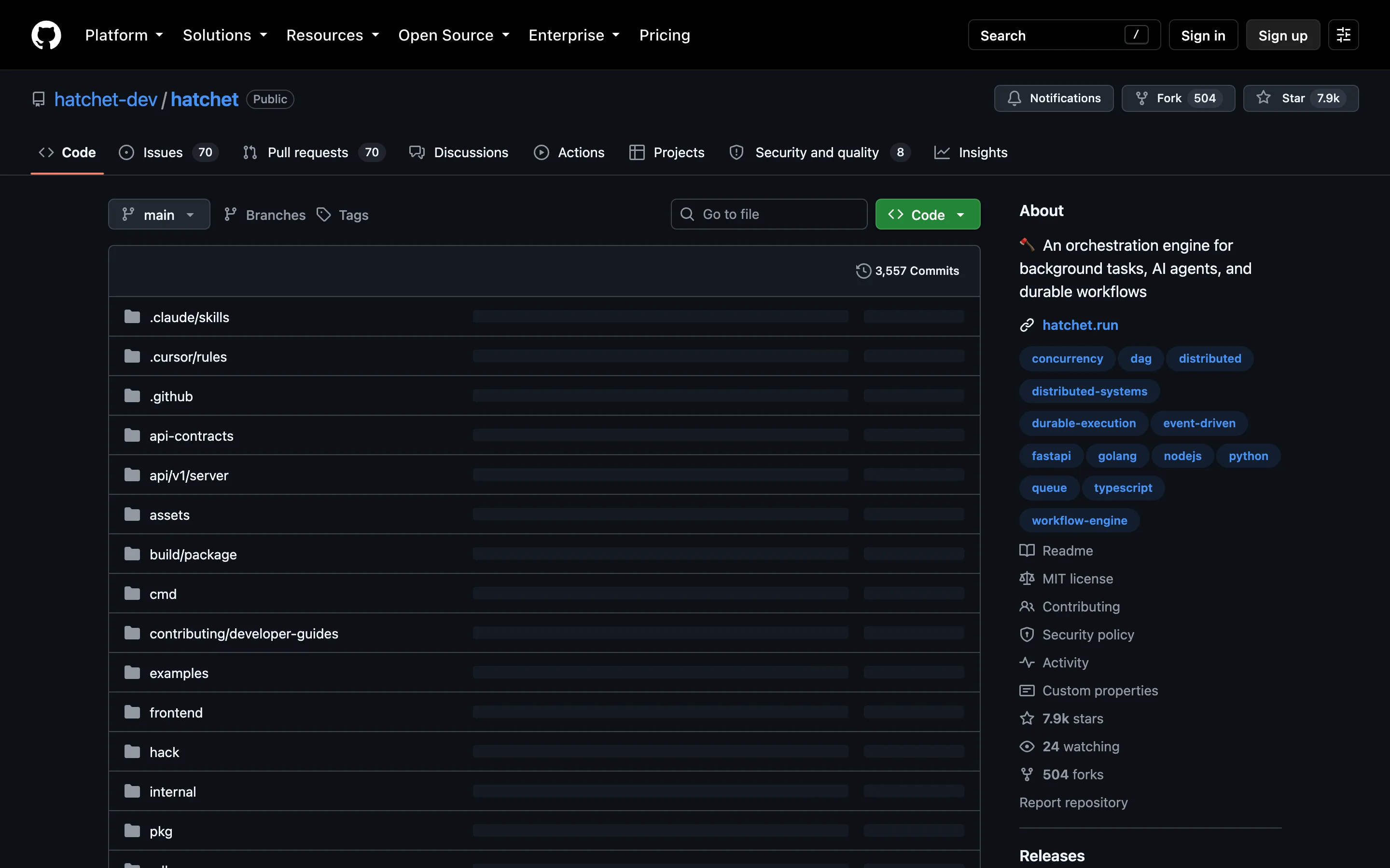 The hatchet-dev/hatchet GitHub repository, described as "An orchestration engine for background tasks, AI agents, and durable workflows", MIT licensed with 7.9k stars