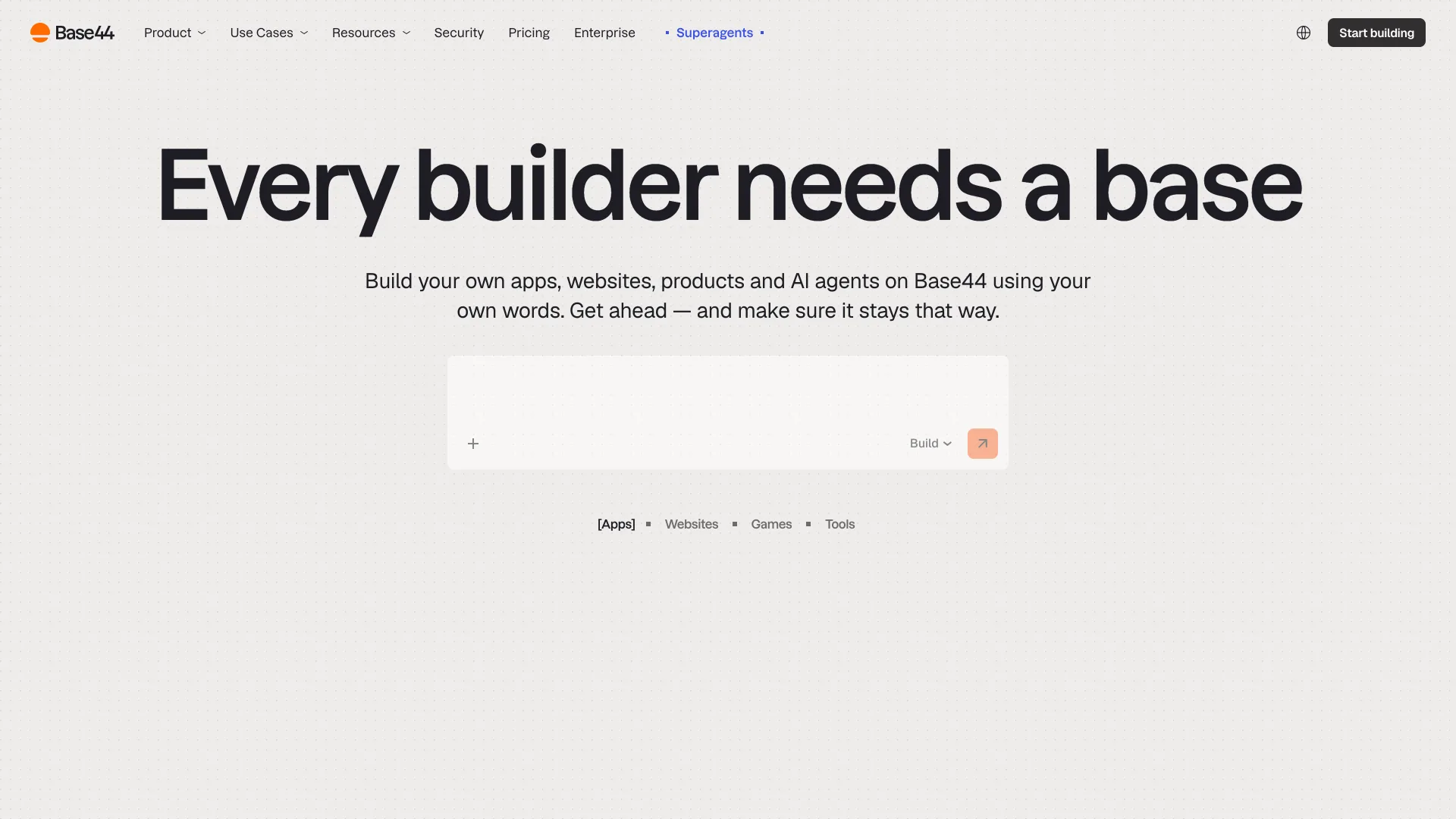 Base44 homepage headline "Every builder needs a base" over a prompt box with Apps, Websites, Games and Tools options