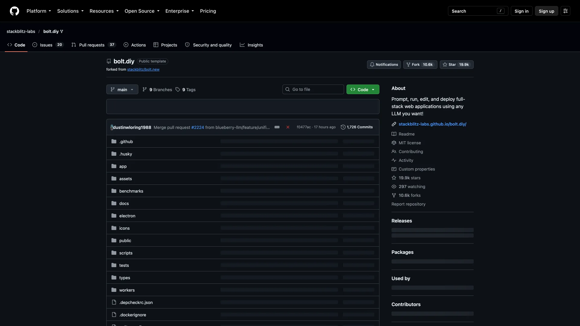 bolt.diy GitHub repository page showing the MIT license, 19.9k stars and the description "Prompt, run, edit, and deploy full-stack web applications using any LLM you want!"