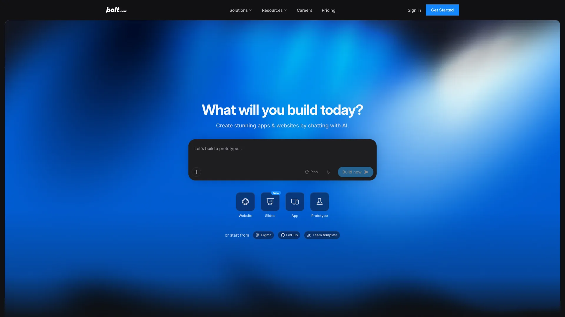 Bolt.new homepage headed "What will you build today?" with a prompt box and Website, Slides, App and Prototype buttons over a blue gradient