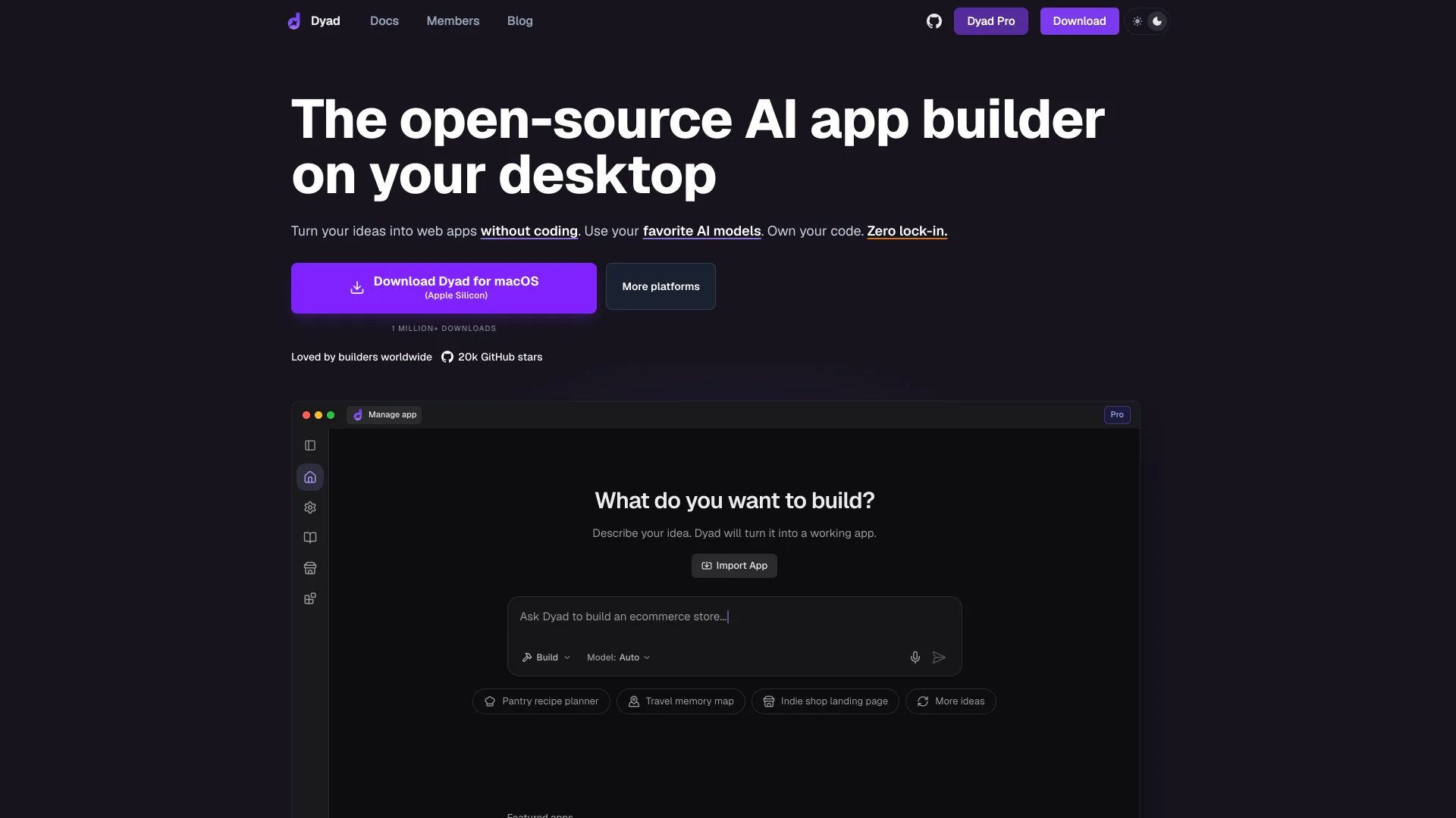 Dyad homepage headline "The open-source AI app builder on your desktop" with a Download for macOS button and a screenshot of its prompt screen