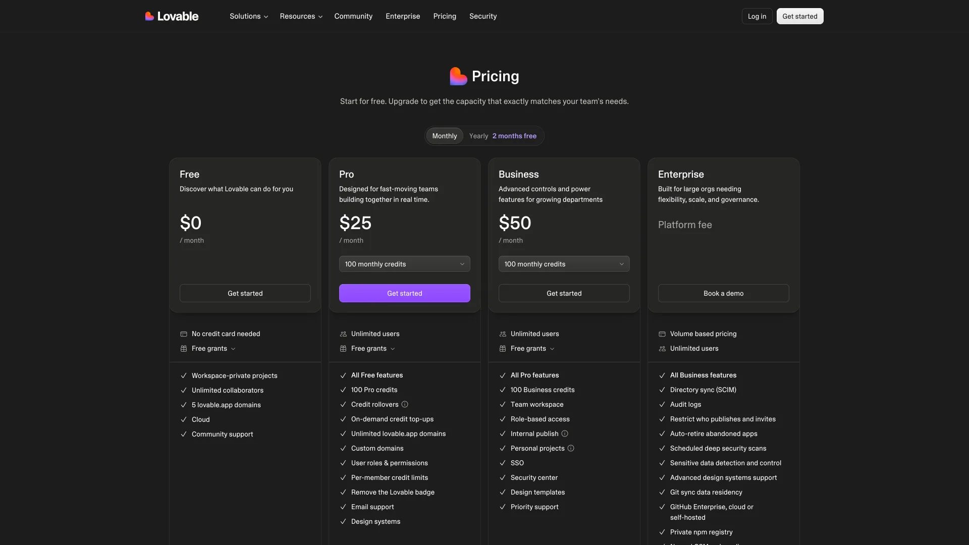 Lovable pricing page showing Free $0, Pro $25 and Business $50 plans with a 100 monthly credits selector, unlimited users, and an Enterprise column