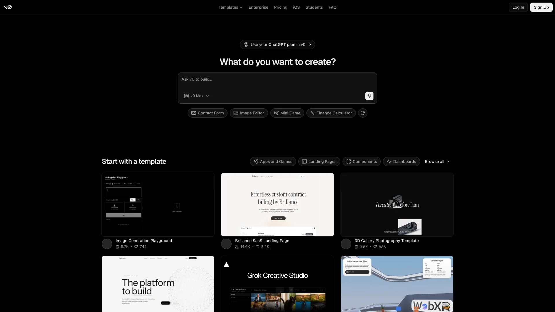 v0 homepage headed "What do you want to create?" with a prompt box set to v0 Max and a row of starter templates below
