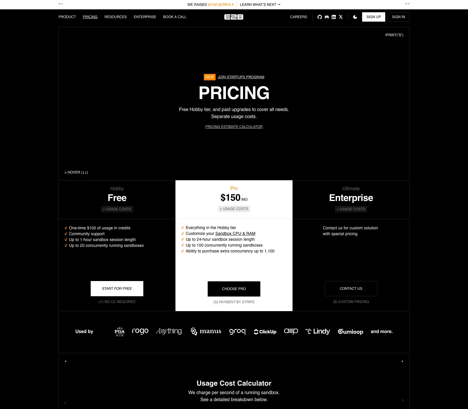 E2B's pricing page showing the Hobby (free), Pro ($150/mo) and Enterprise tiers, each with usage-based costs on top