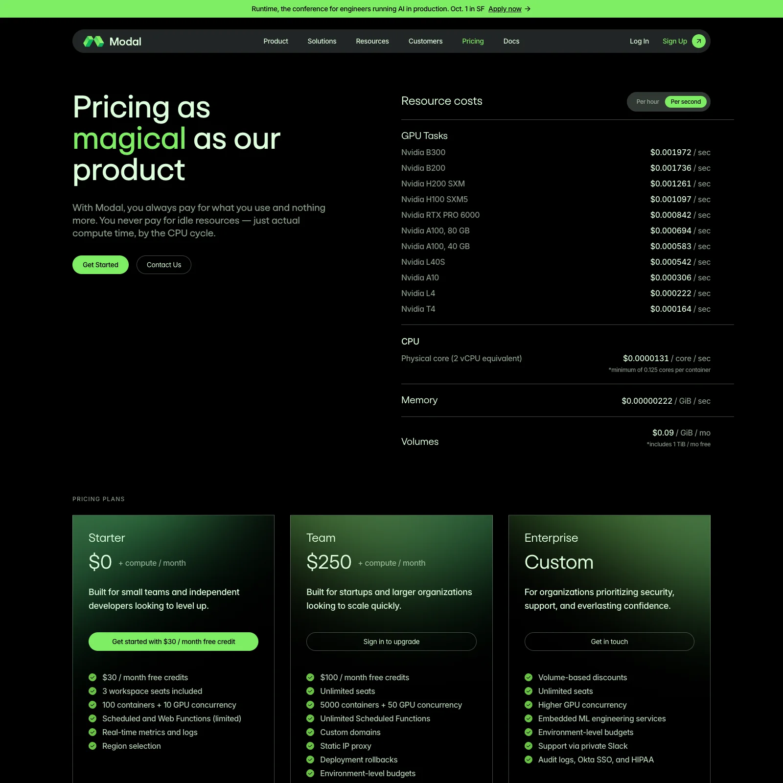 Modal's pricing page showing per-second GPU, CPU and memory rates alongside the Starter, Team and Enterprise plans