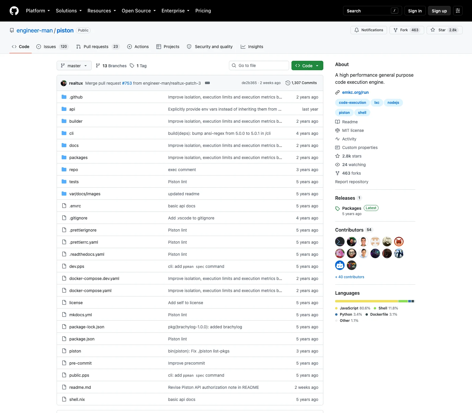 The engineer-man/piston GitHub repository: 2.8k stars, 463 forks, MIT license, and a README recently revised to explain the public API's authorization requirement