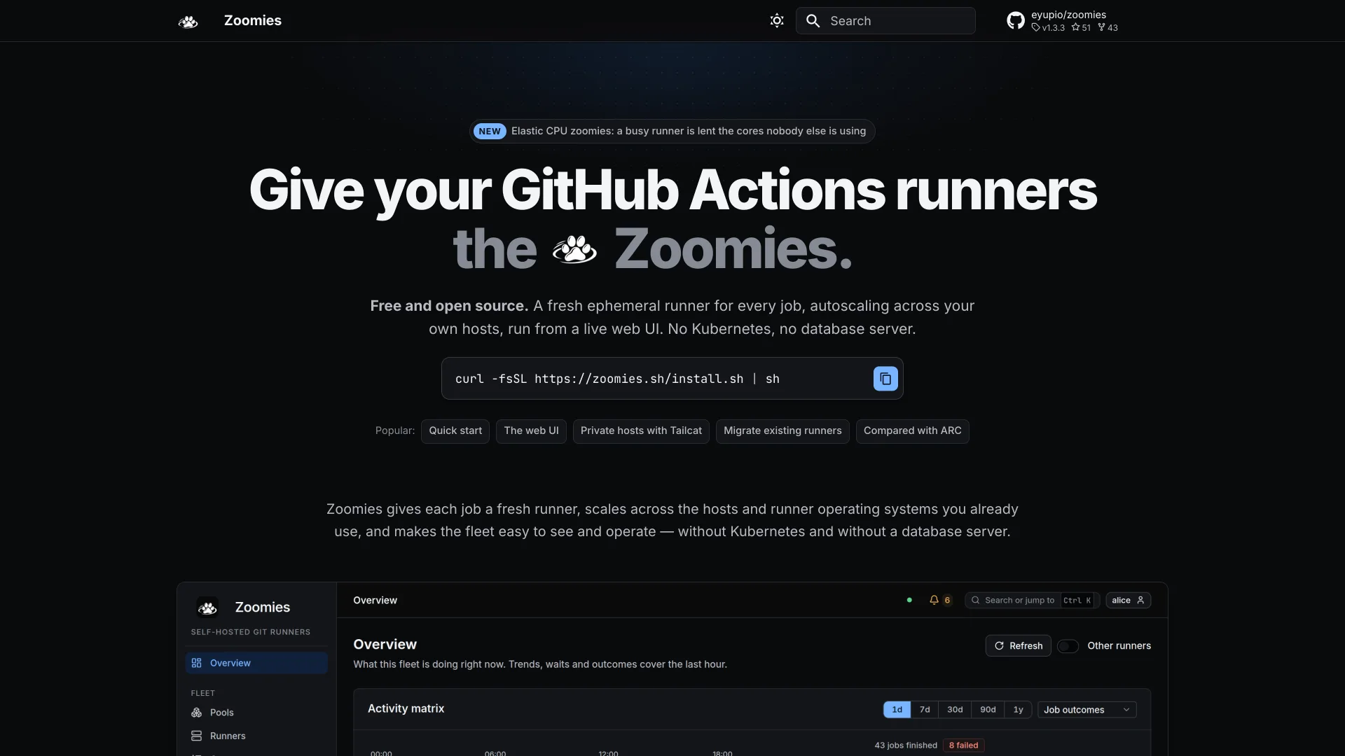 Zoomies homepage headed "Give your GitHub Actions runners the Zoomies" above a one-line curl install command and its fleet dashboard