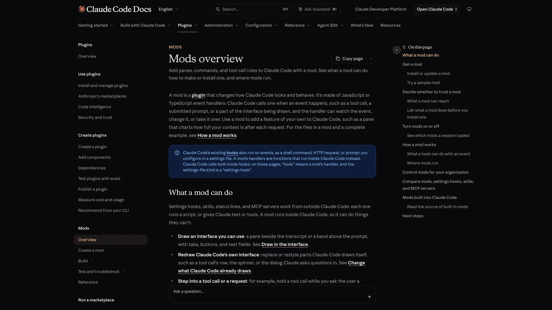 The Claude Code Docs Mods overview page, defining a mod as JavaScript or TypeScript event handlers and separating mods from settings hooks
