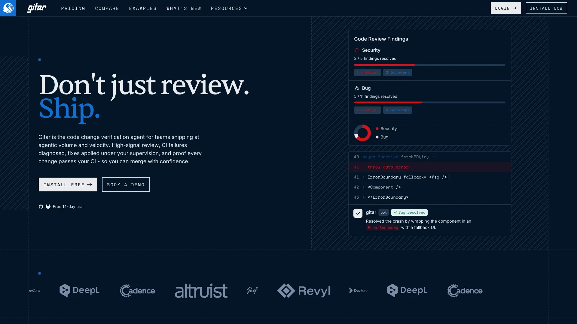 Gitar product page on sonarsource.com headlined "Don't just review. Ship." with a panel of resolved security and bug findings