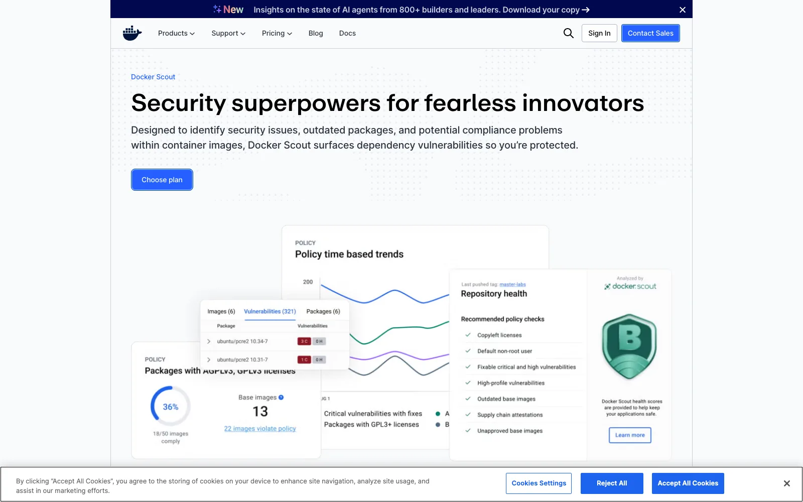 The Docker Scout product page, describing software supply chain security with image analysis, SBOM generation and policy evaluation