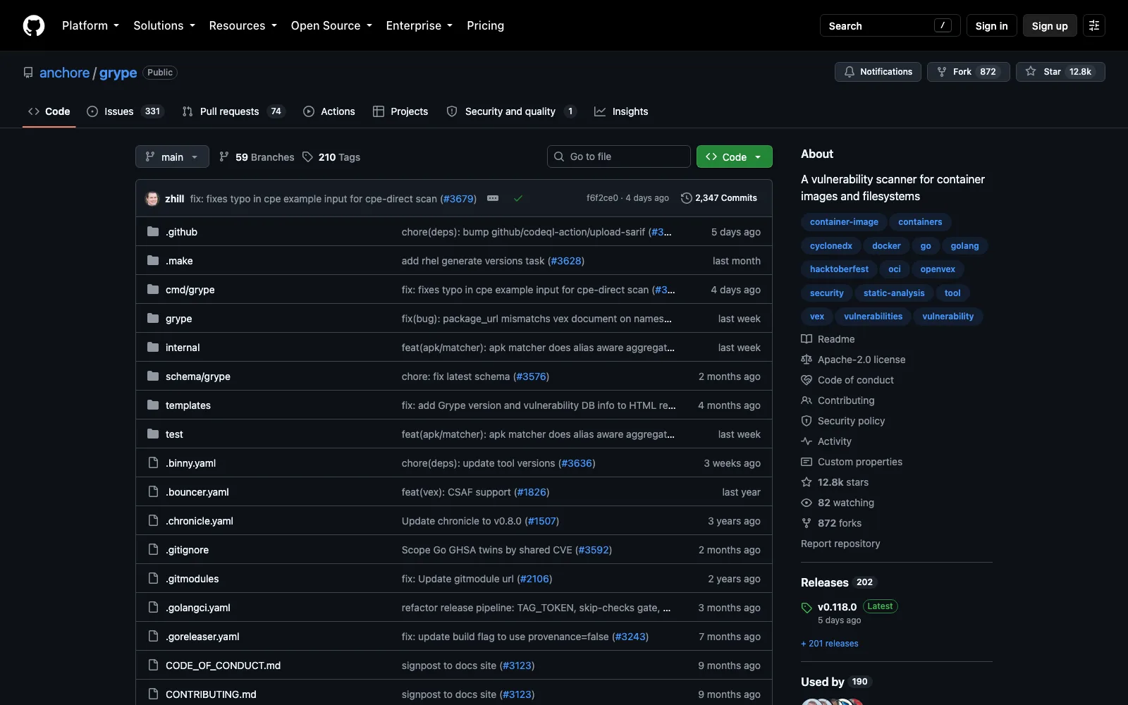 The Anchore Grype GitHub repository, a vulnerability scanner for container images and filesystems, Apache-2.0 licensed with 12,819 stars