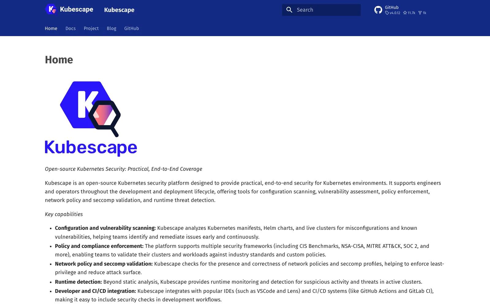 The Kubescape homepage, an open-source Kubernetes security platform covering configuration scanning, vulnerability assessment, policy enforcement, network policy validation and runtime threat detection, v4.0.12 with 11.7k stars