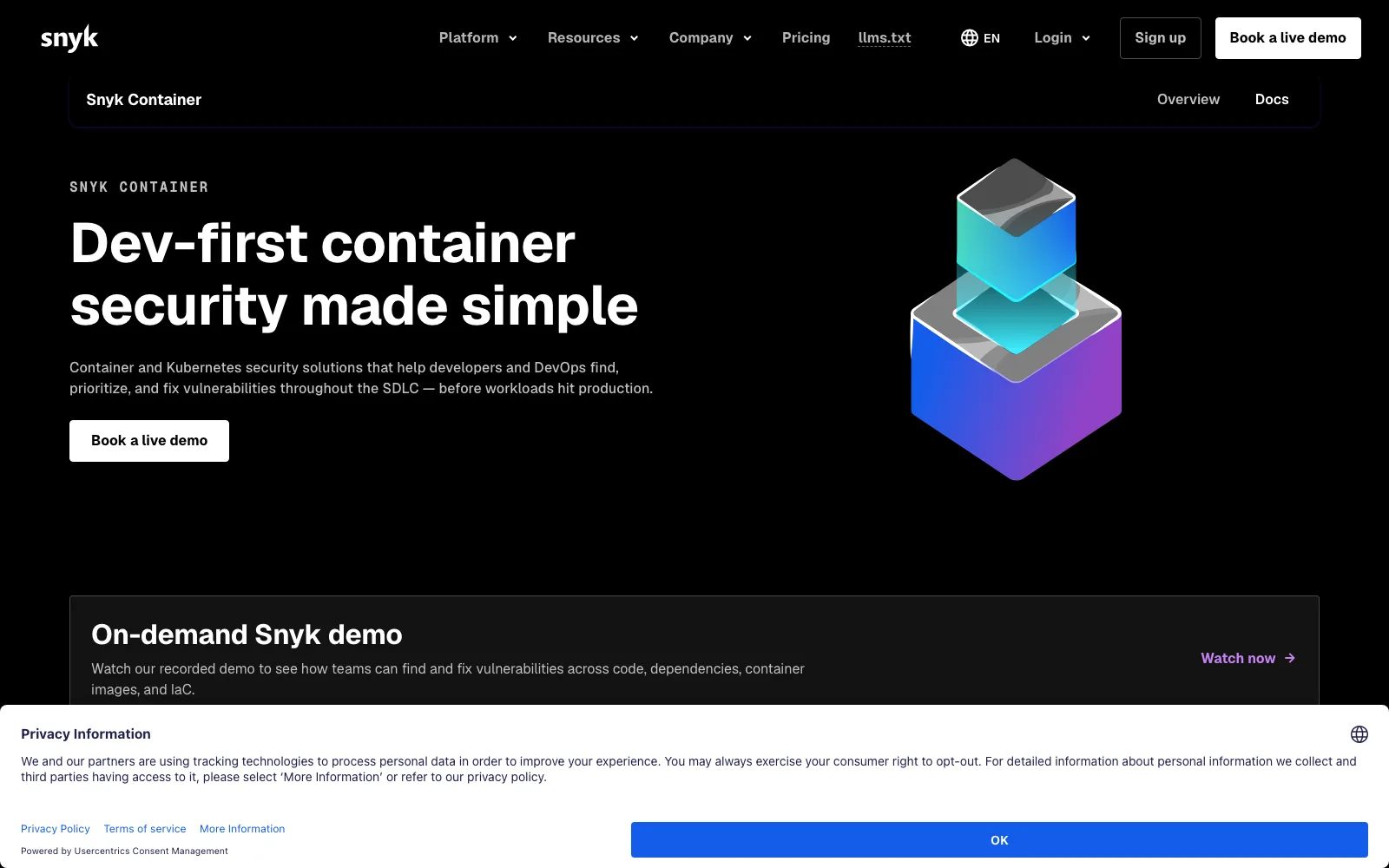 The Snyk Container product page, "Dev-first container security made simple", covering container and Kubernetes vulnerability management across the SDLC