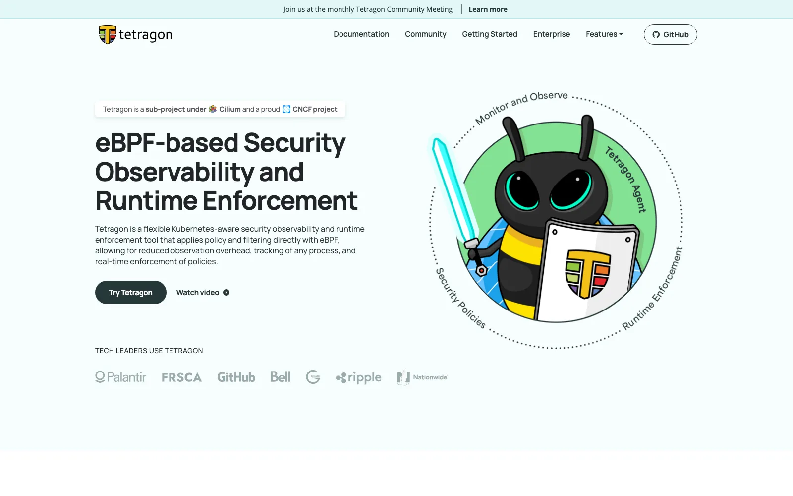 The Tetragon homepage, eBPF-based security observability and runtime enforcement, a sub-project under Cilium and a CNCF project