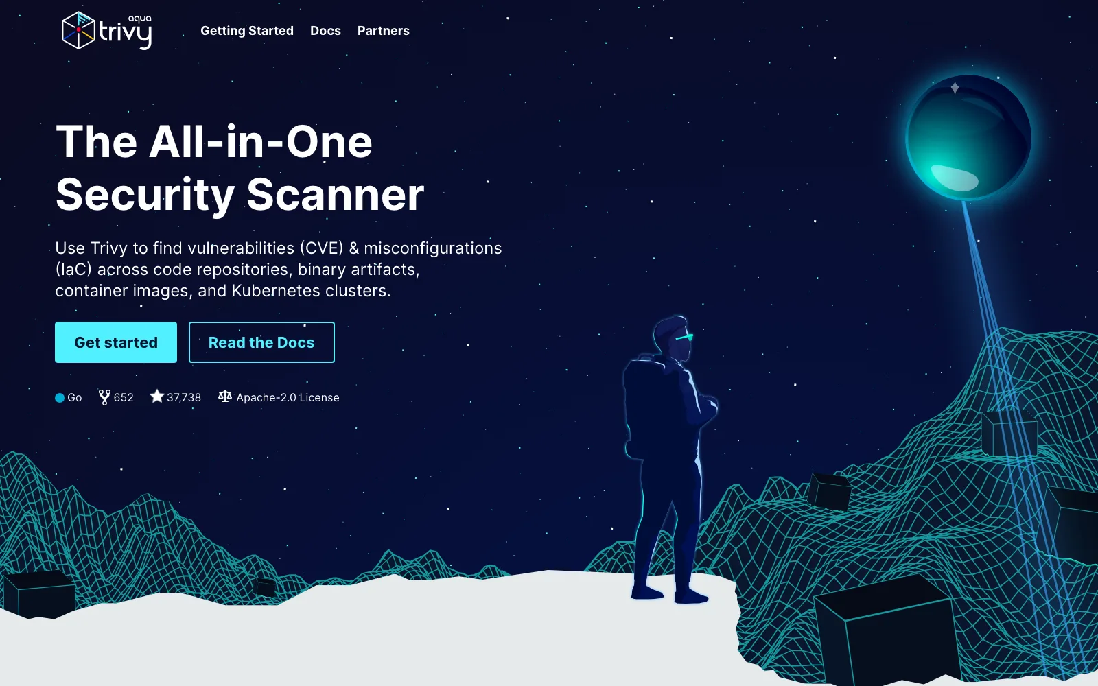 The Trivy homepage, "The All-in-One Security Scanner", finding CVEs and IaC misconfigurations across code repositories, binary artifacts, container images and Kubernetes clusters, written in Go with 37,738 stars under an Apache-2.0 license