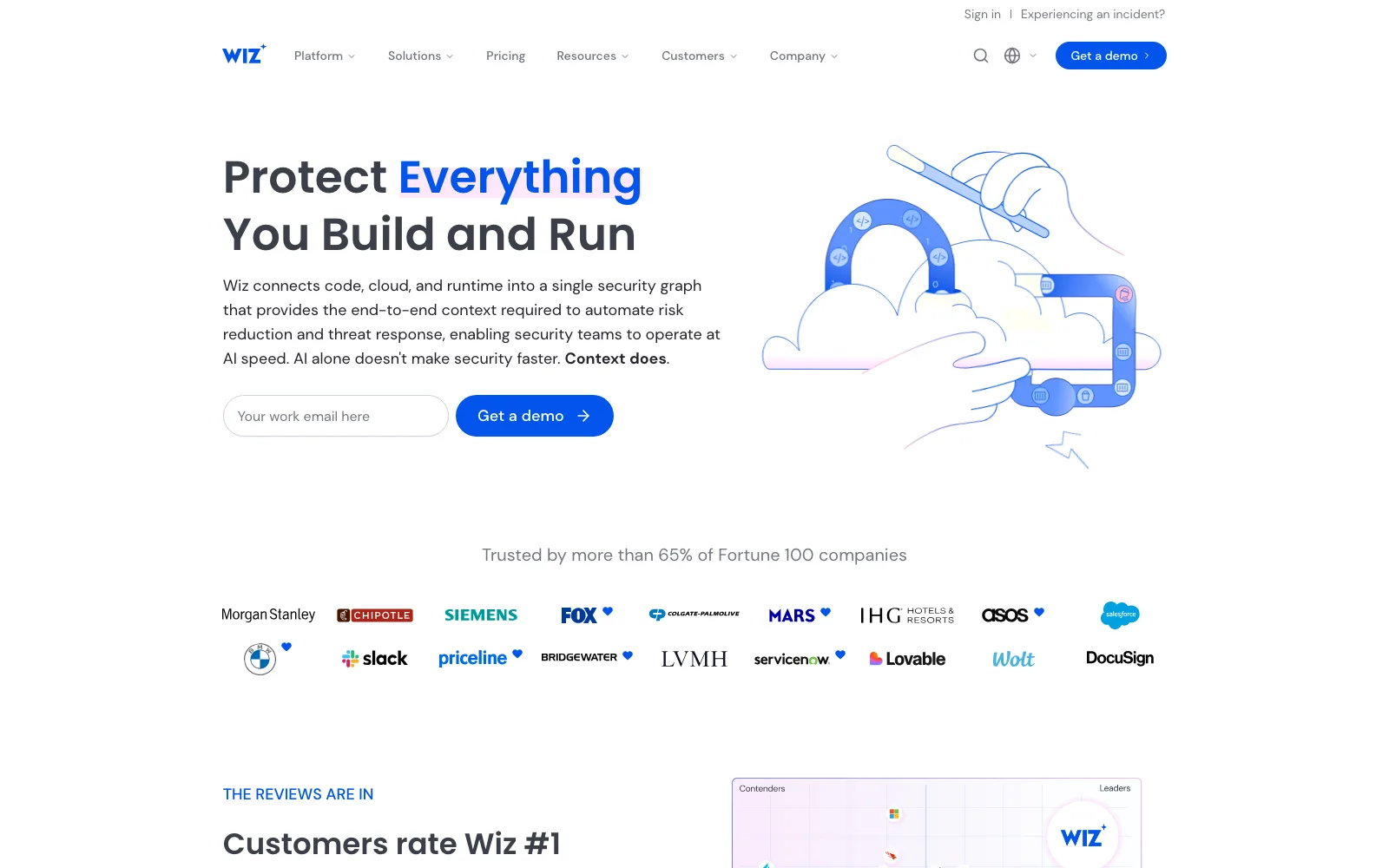 The Wiz homepage, "Protect Everything You Build and Run", connecting code, cloud and runtime into a single security graph, trusted by more than 65% of Fortune 100 companies