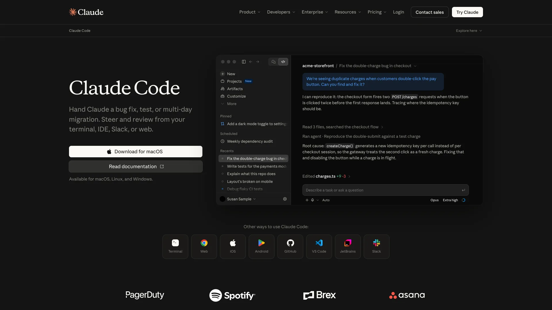 Claude Code product page fixing a checkout bug in an acme-storefront session