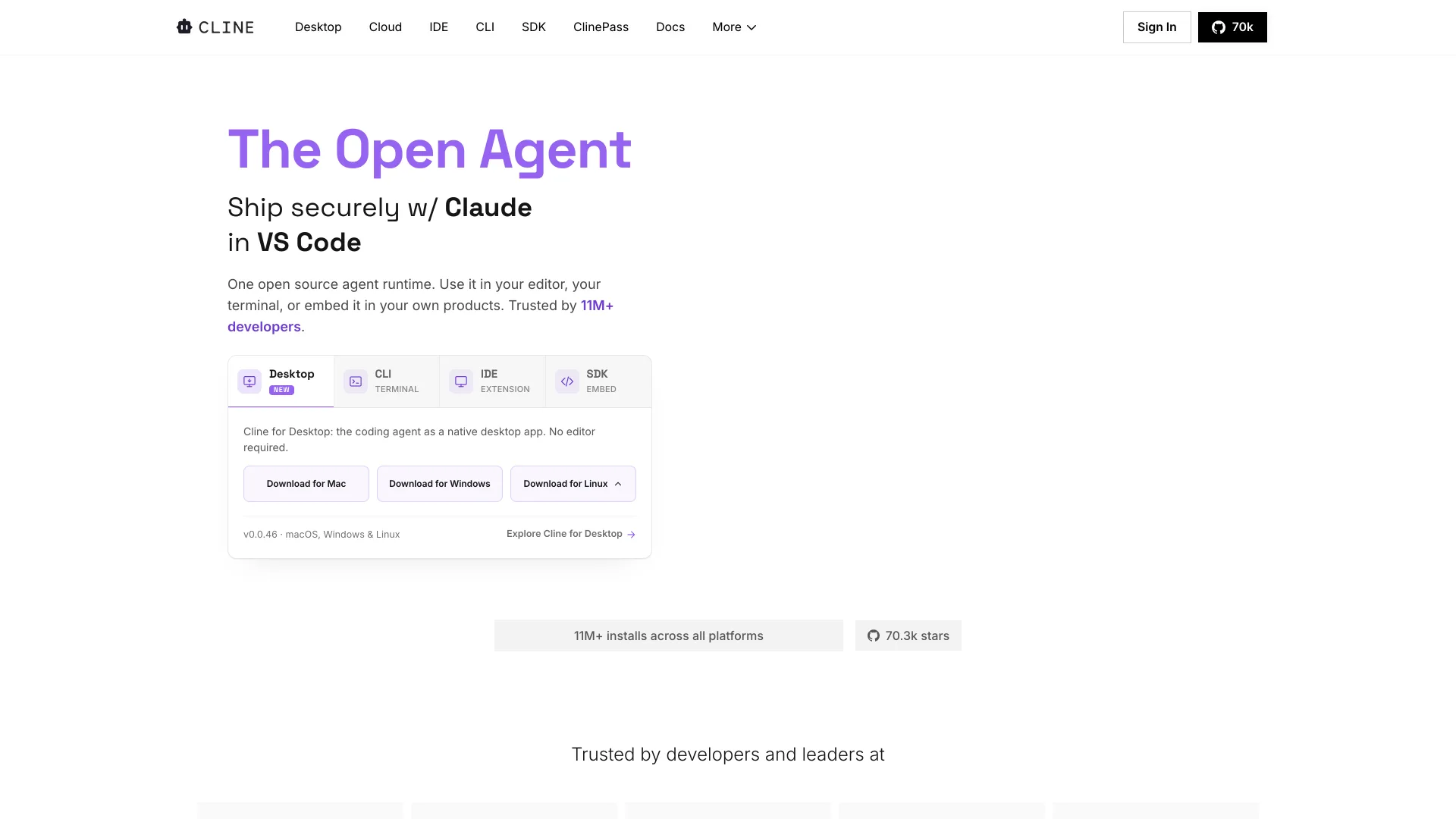 Cline homepage reading "The Open Agent" with a 70.3k GitHub stars badge