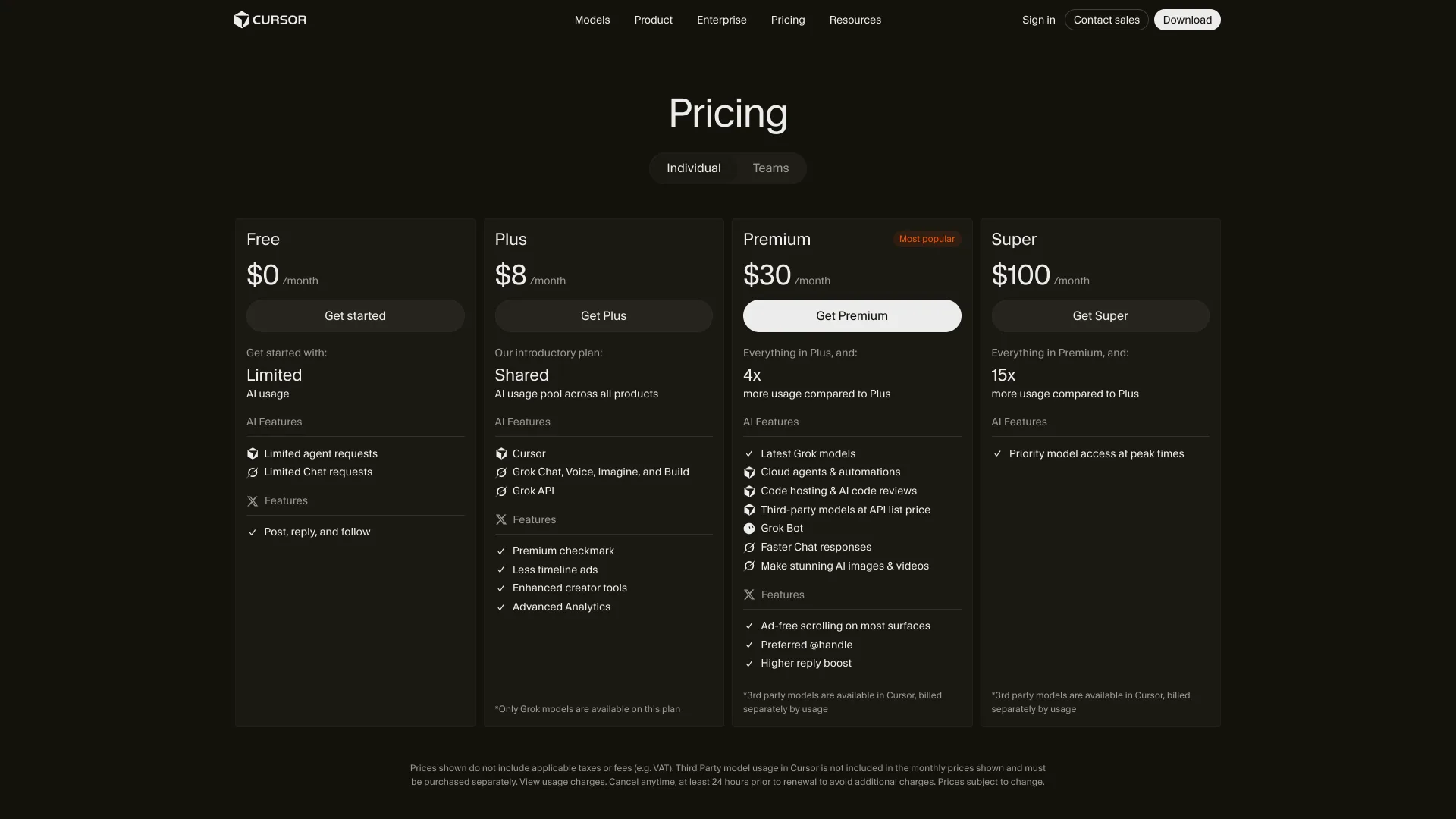 Cursor pricing page with Free $0, Plus $8, Premium $30 and Super $100 plans and third-party models at API list price