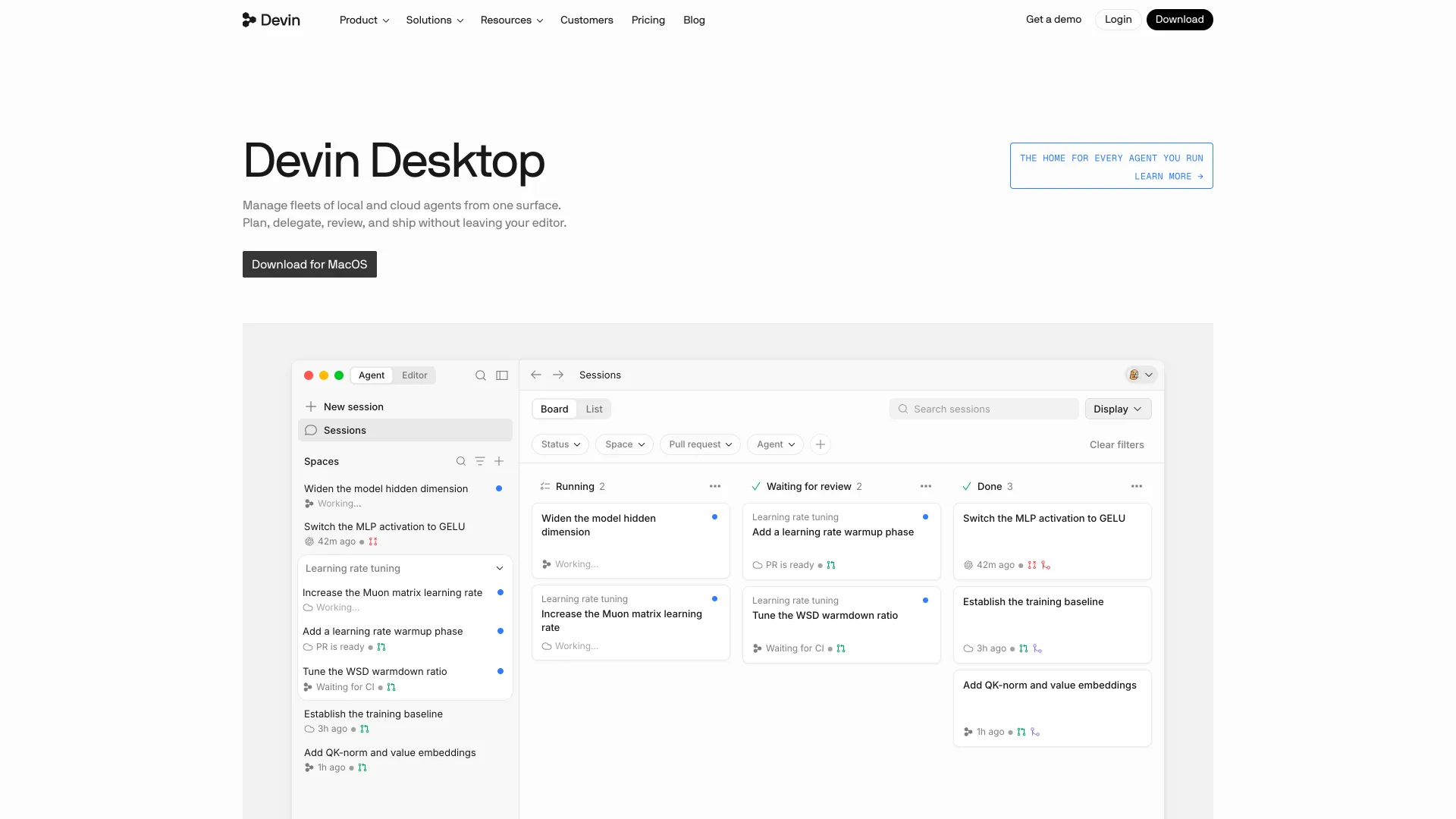 Devin Desktop homepage with a board of running and waiting agent sessions