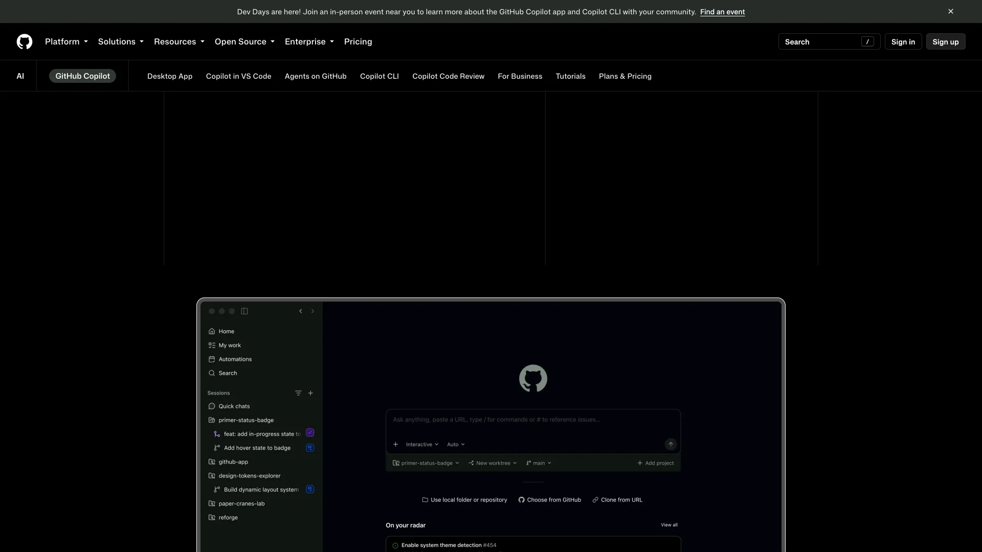 GitHub Copilot page with Desktop App, Copilot in VS Code and Copilot CLI tabs above the Copilot app