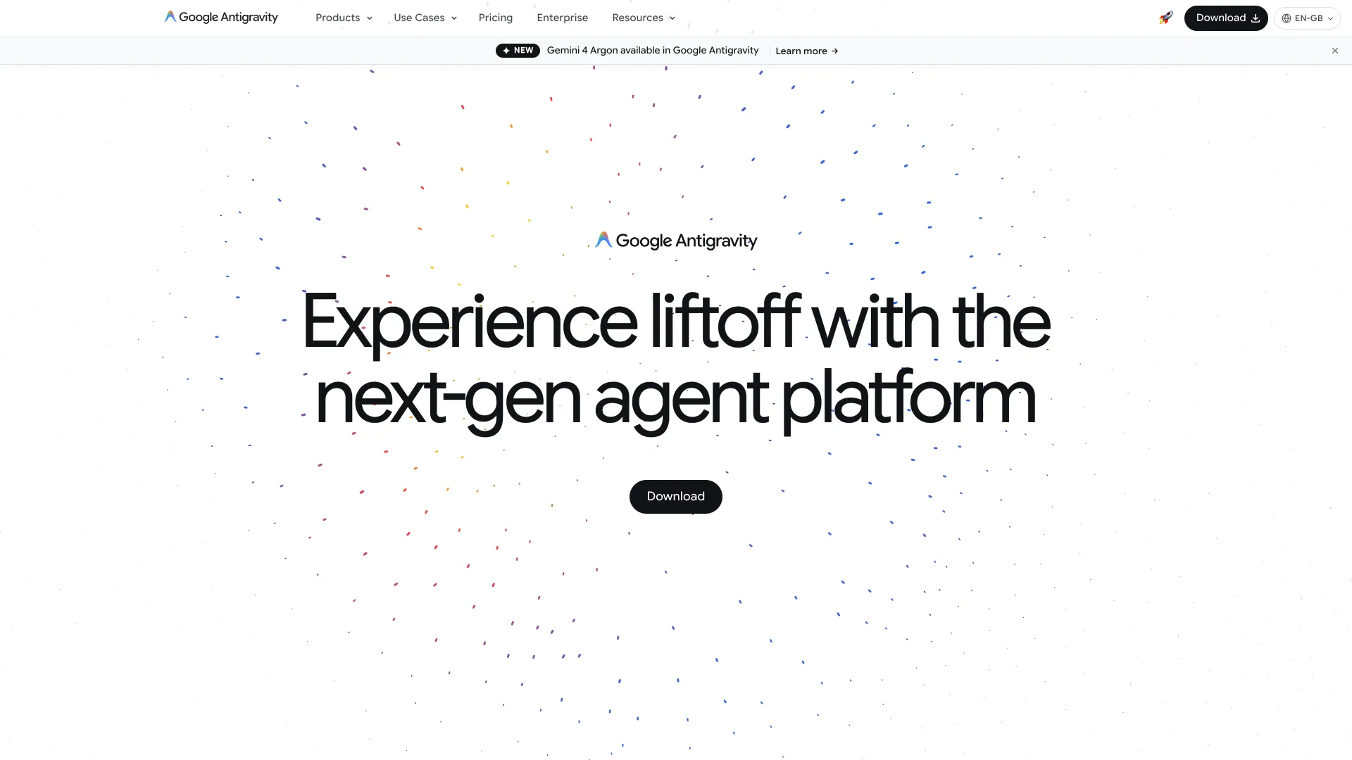 Google Antigravity homepage reading "Experience liftoff with the next-gen agent platform"