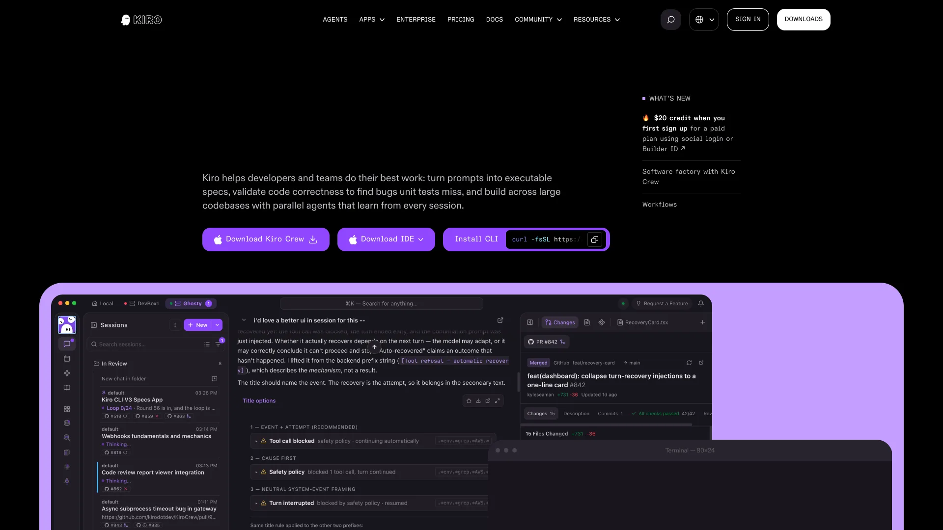 Kiro homepage with Download Kiro Crew, Download IDE and Install CLI buttons