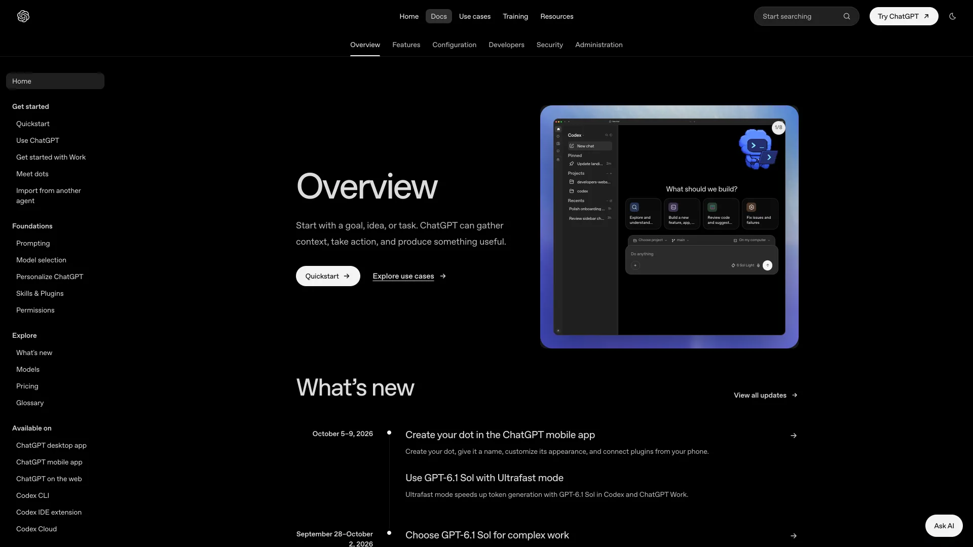 OpenAI Codex documentation overview with a quickstart and the Codex app