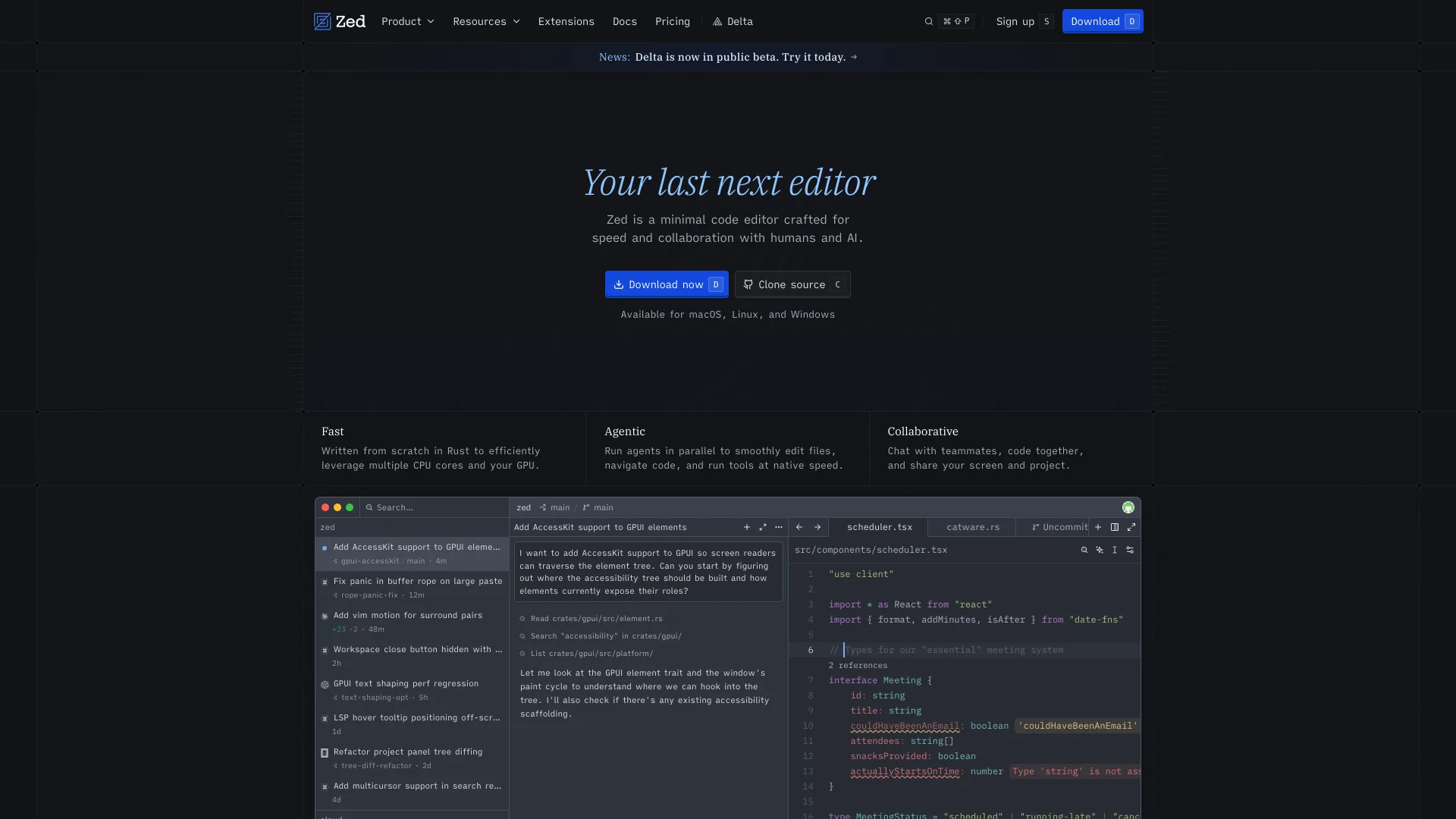 Zed homepage reading "Your last next editor" above an editor screenshot