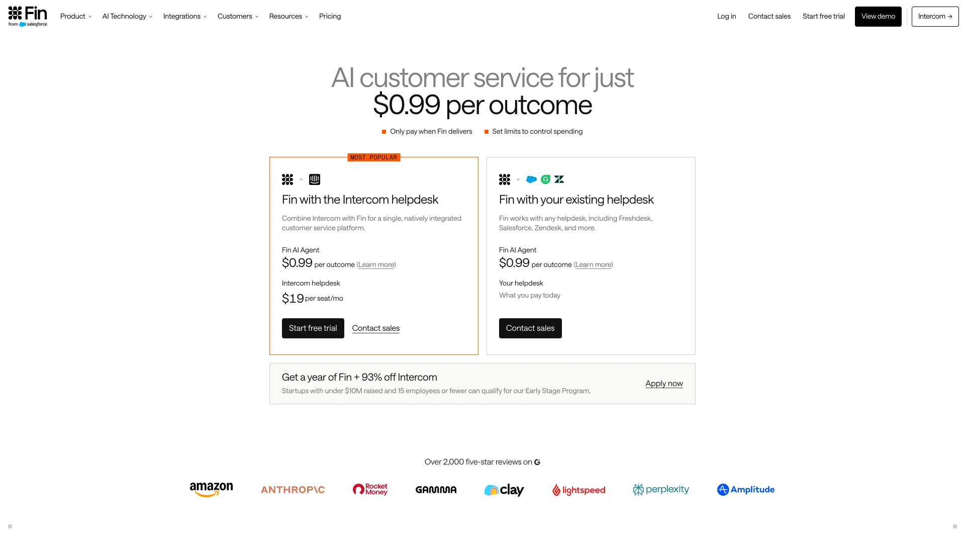 The Fin pricing page headed AI customer service for just $0.99 per outcome, comparing Fin with the Intercom helpdesk and Fin with an existing helpdesk such as Freshdesk, Salesforce or Zendesk