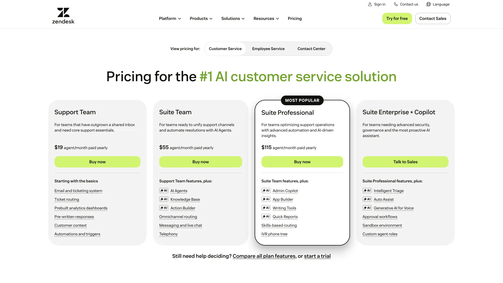 The Zendesk customer service pricing page showing Support Team at $19, Suite Team at $55 and Suite Professional at $115 per agent a month paid yearly, with AI Agents listed in the Suite Team plan