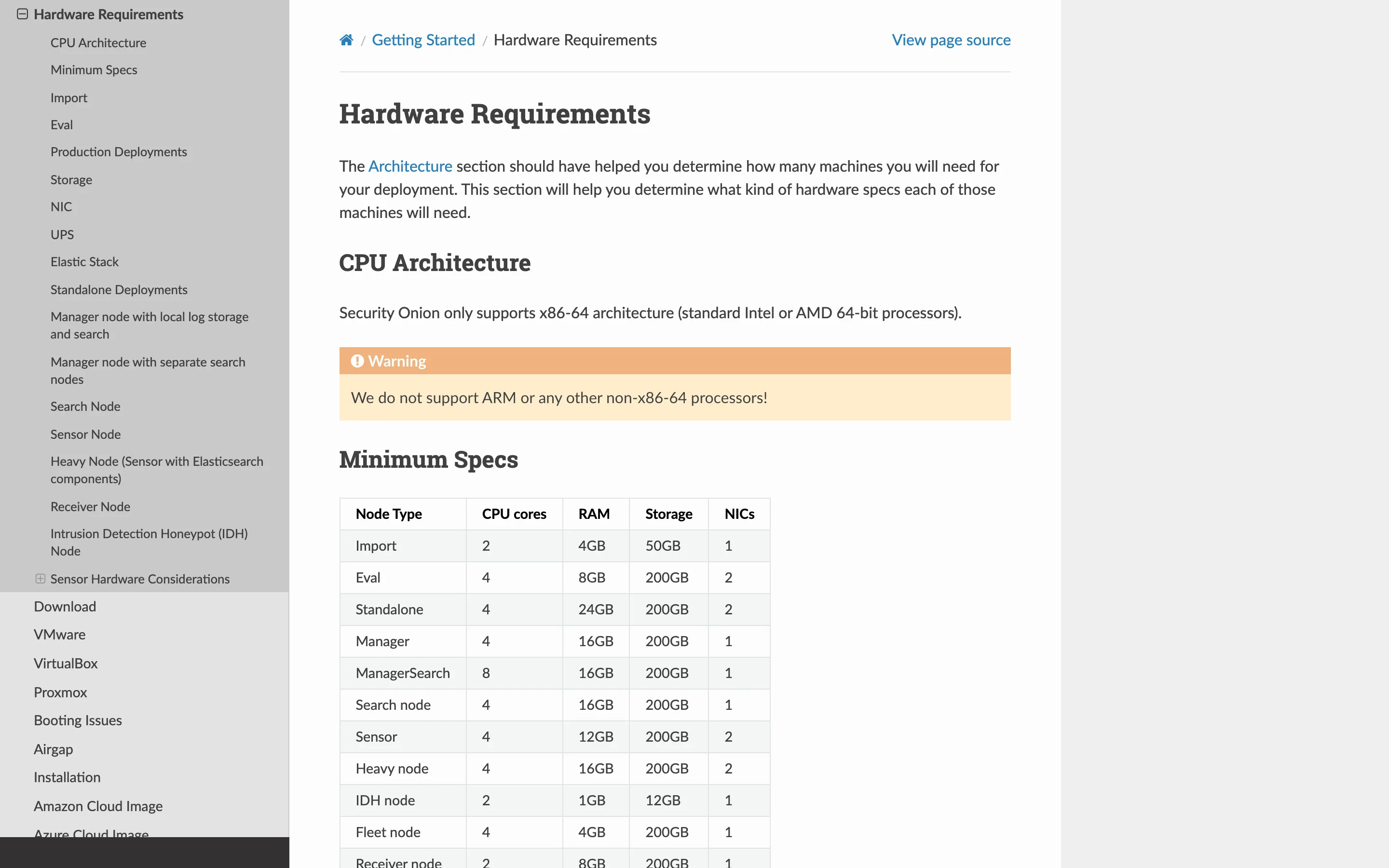 The Security Onion 2.4 hardware requirements page, showing a minimum specs table with Import at 4GB RAM, Eval at 8GB, Standalone at 24GB, and a warning that ARM and other non-x86-64 processors are not supported