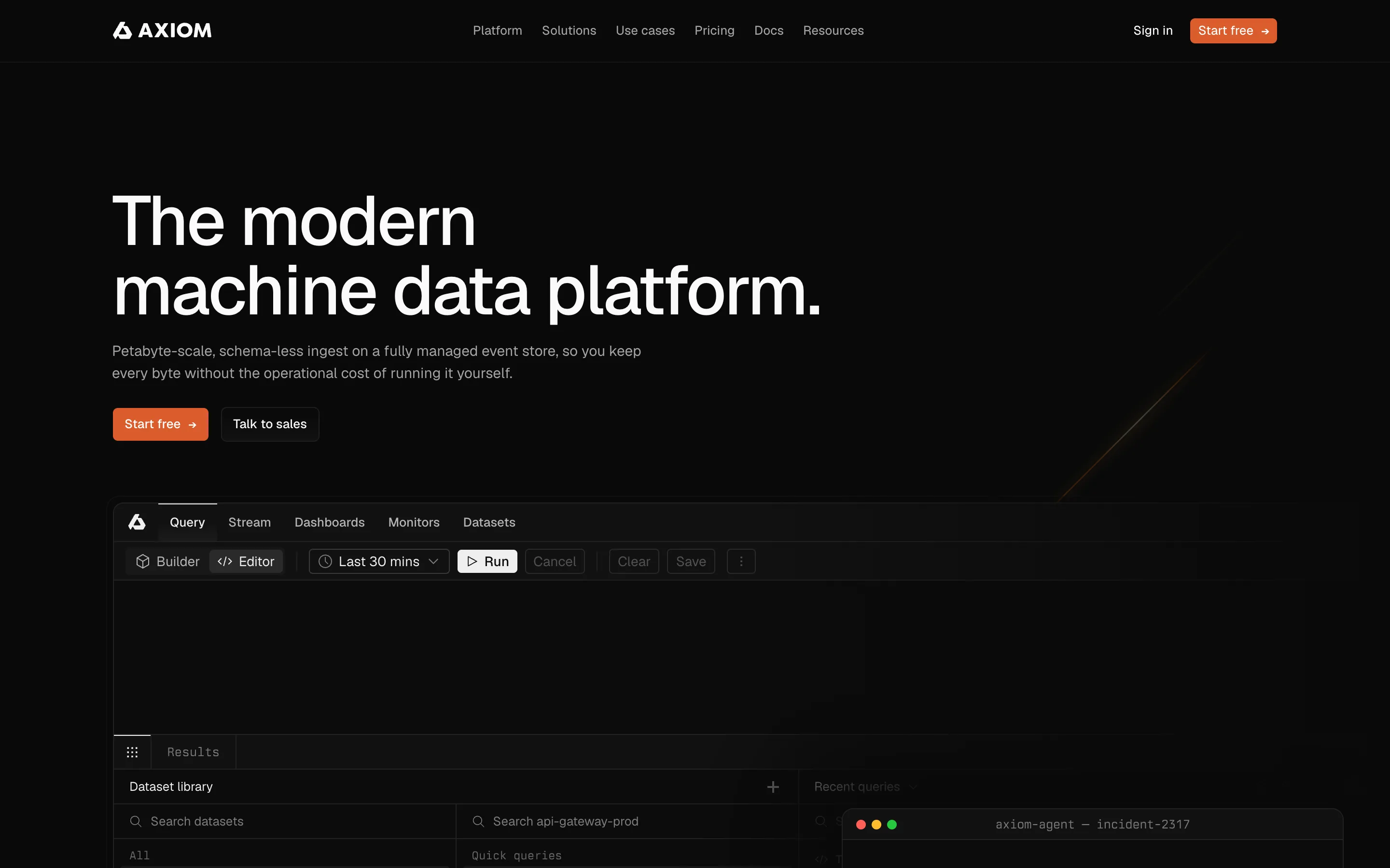 Axiom homepage headed "The modern machine data platform", describing petabyte-scale schema-less ingest on a fully managed event store, above a query console view