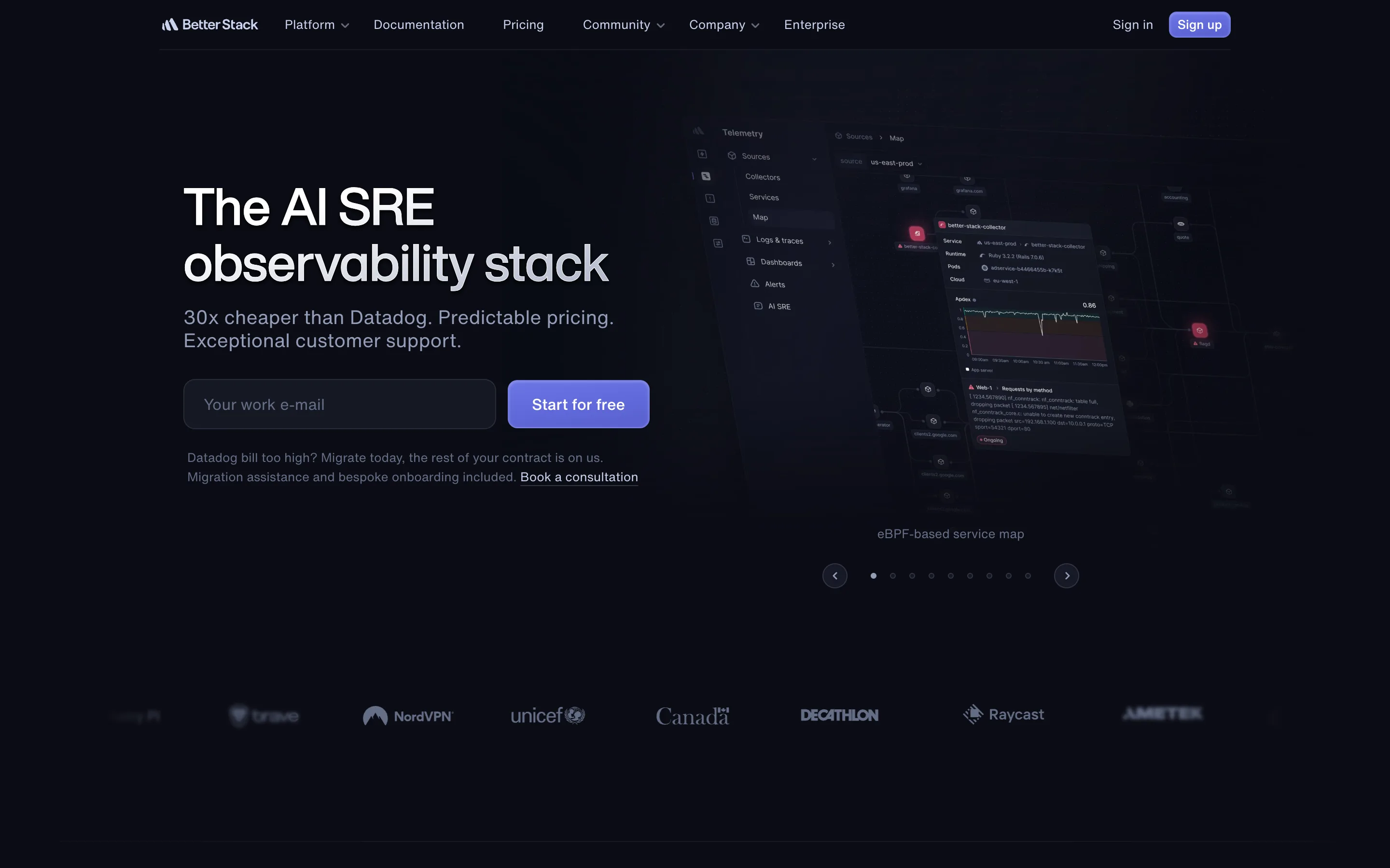 Better Stack homepage headed "The AI SRE observability stack", subheaded "30x cheaper than Datadog. Predictable pricing.", with a note reading "Datadog bill too high? Migrate today, the rest of your contract is on us."