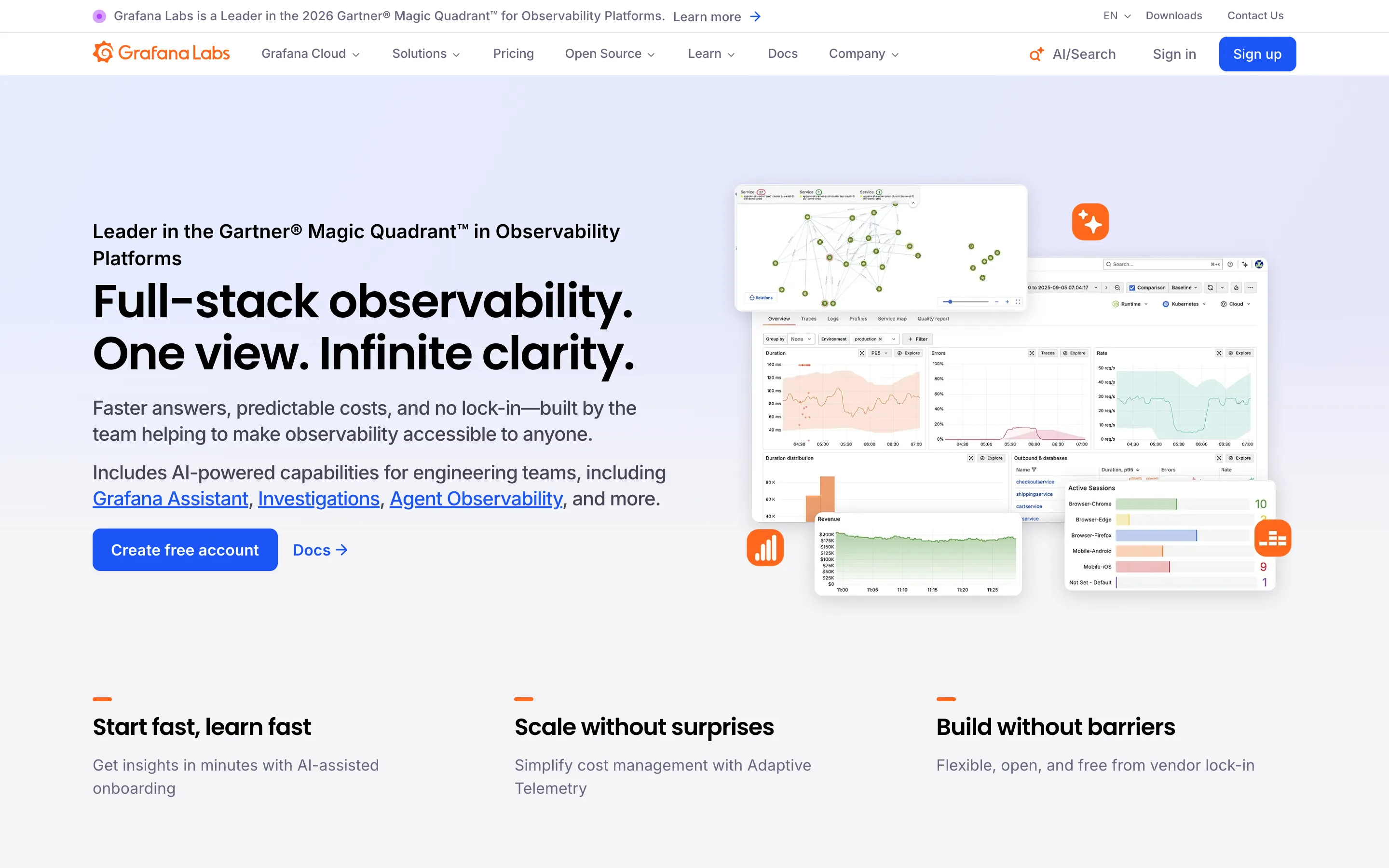 Grafana Cloud product page headed "Full-stack observability. One view. Infinite clarity." with a banner naming Grafana Labs a Leader in the 2026 Gartner Magic Quadrant for Observability Platforms