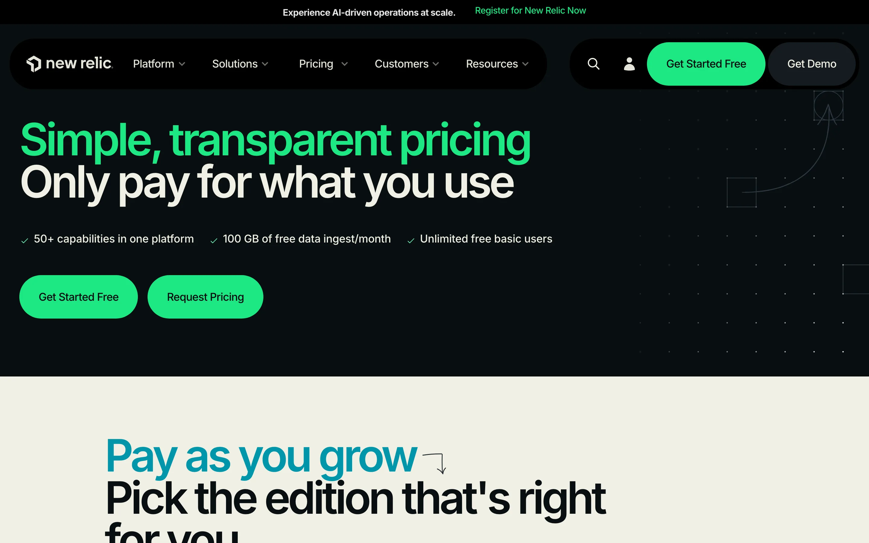 New Relic pricing page headed "Simple, transparent pricing. Only pay for what you use", listing 100 GB of free data ingest per month and unlimited free basic users