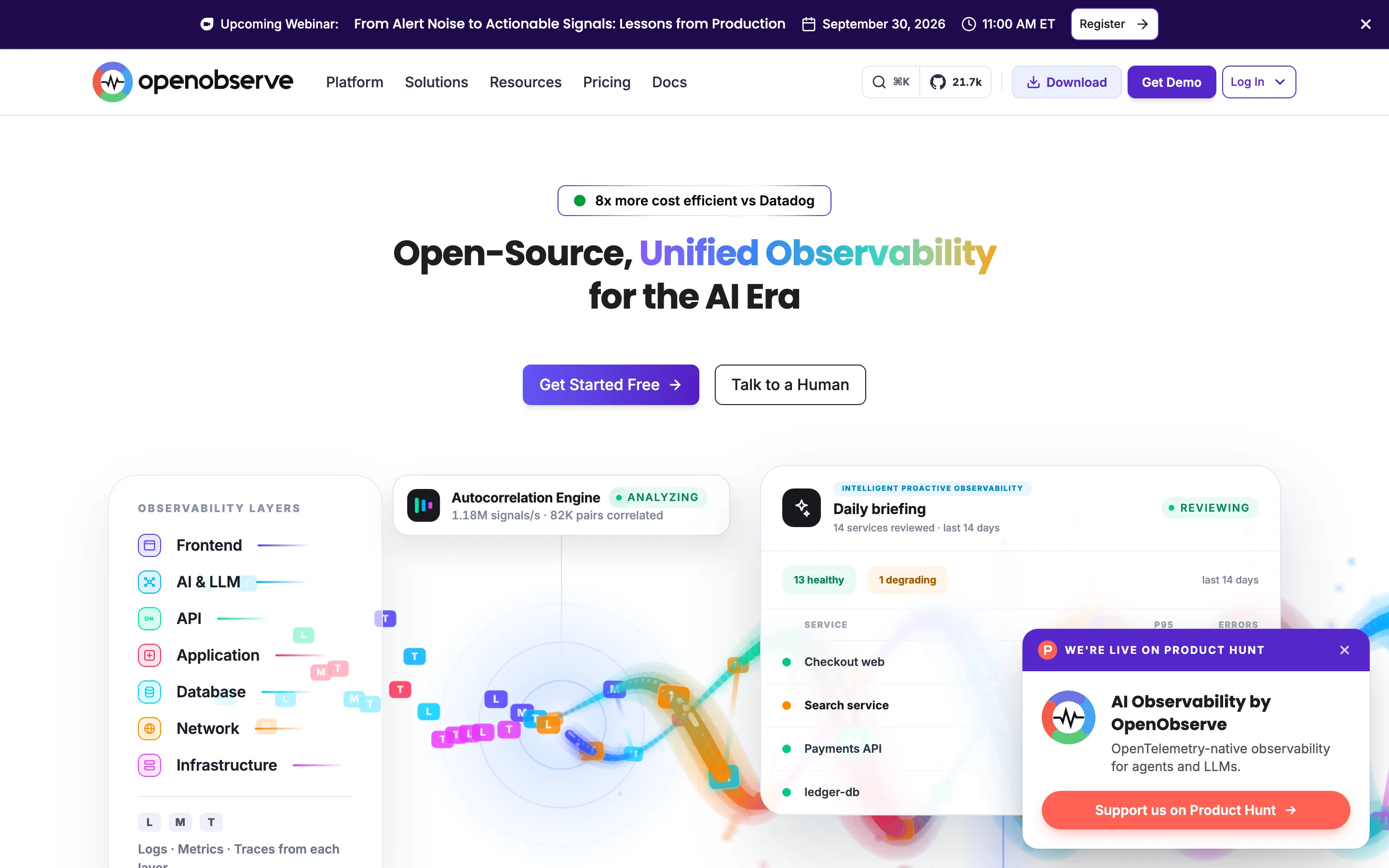 OpenObserve homepage headed "Open-Source, Unified Observability for the AI Era" with a badge reading "8x more cost efficient vs Datadog"