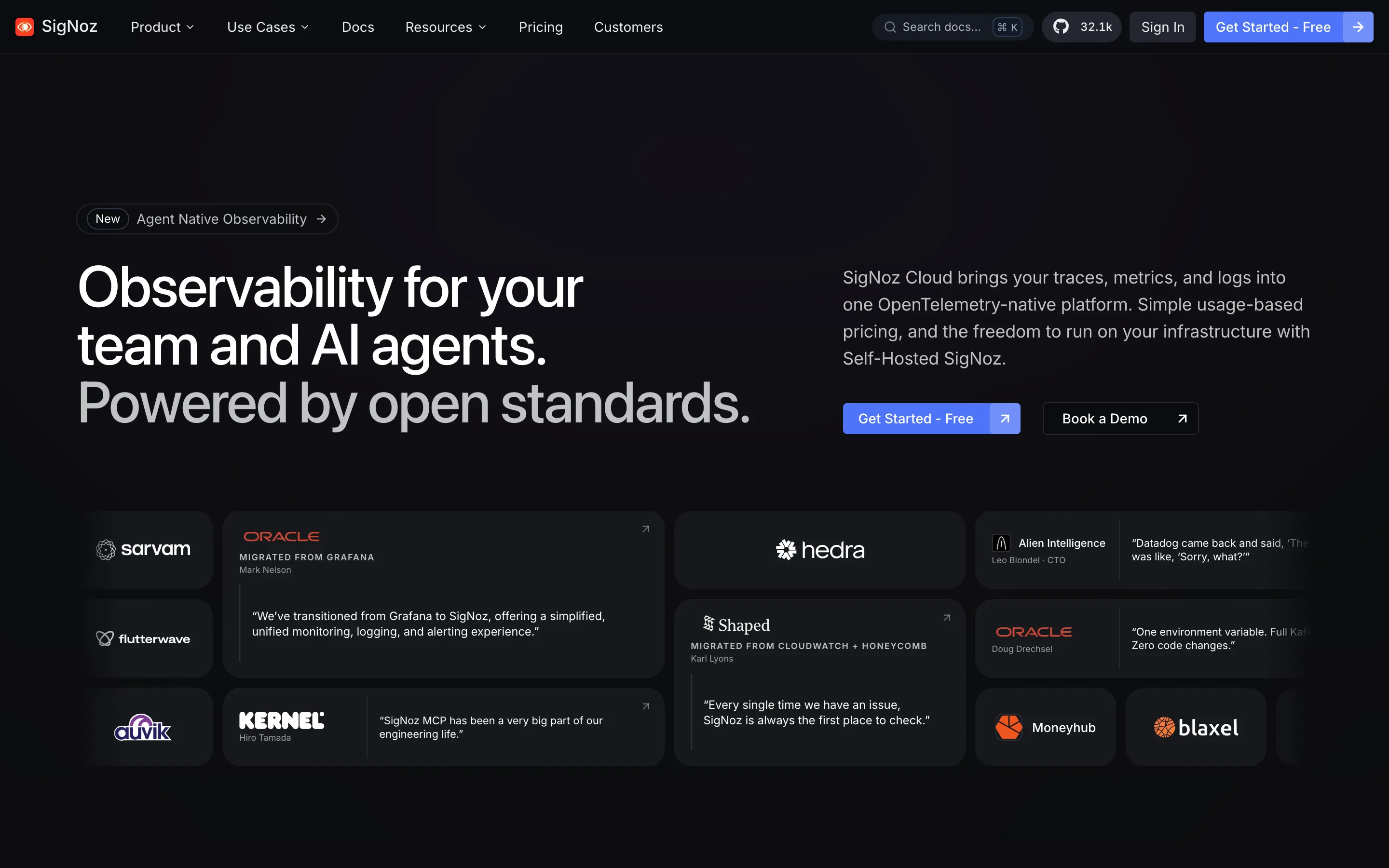 SigNoz homepage headed "Observability for your team and AI agents. Powered by open standards.", with customer cards noting migrations from Grafana and from CloudWatch and Honeycomb