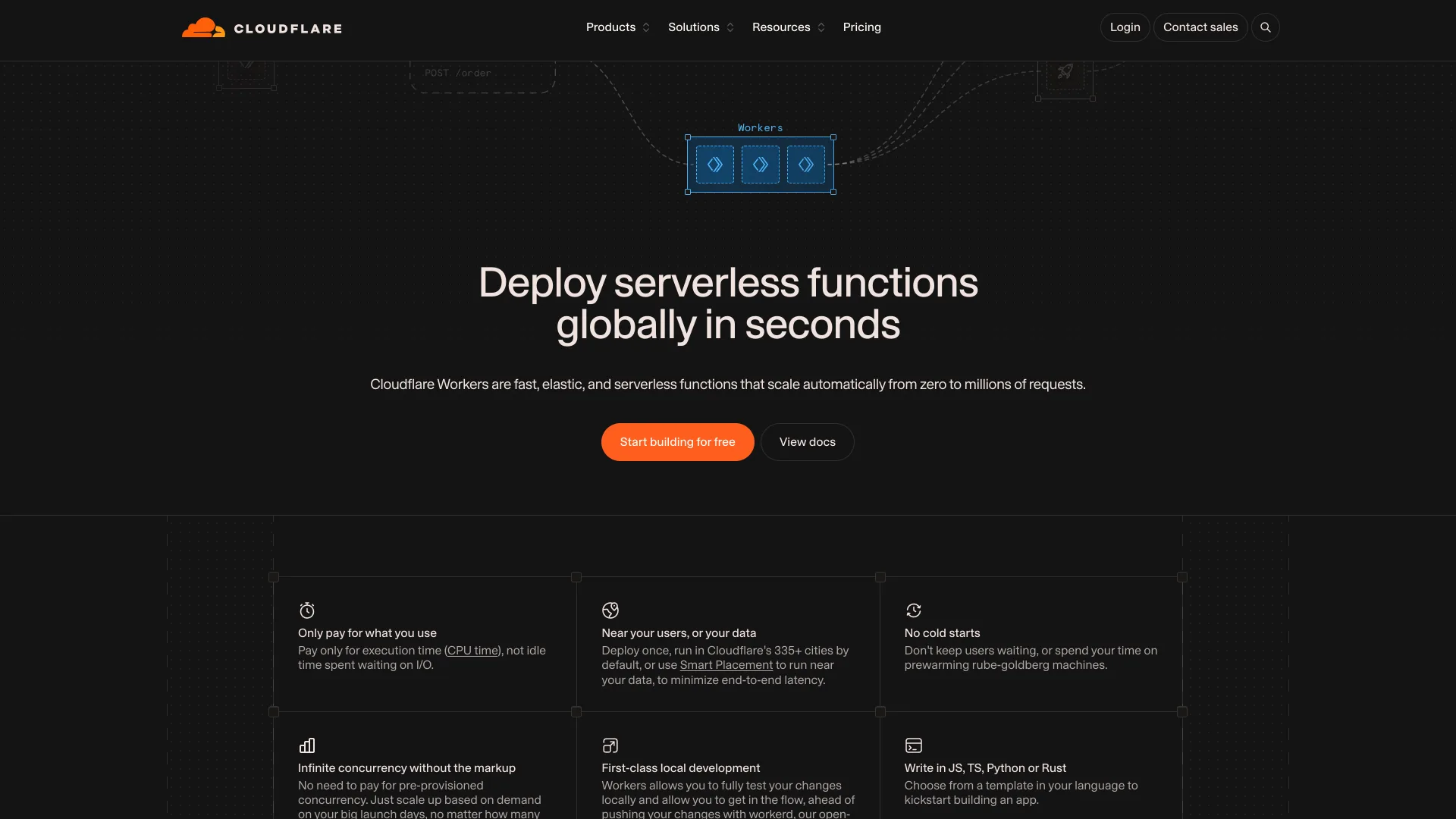 Cloudflare Workers homepage headlined "Deploy serverless functions globally in seconds"