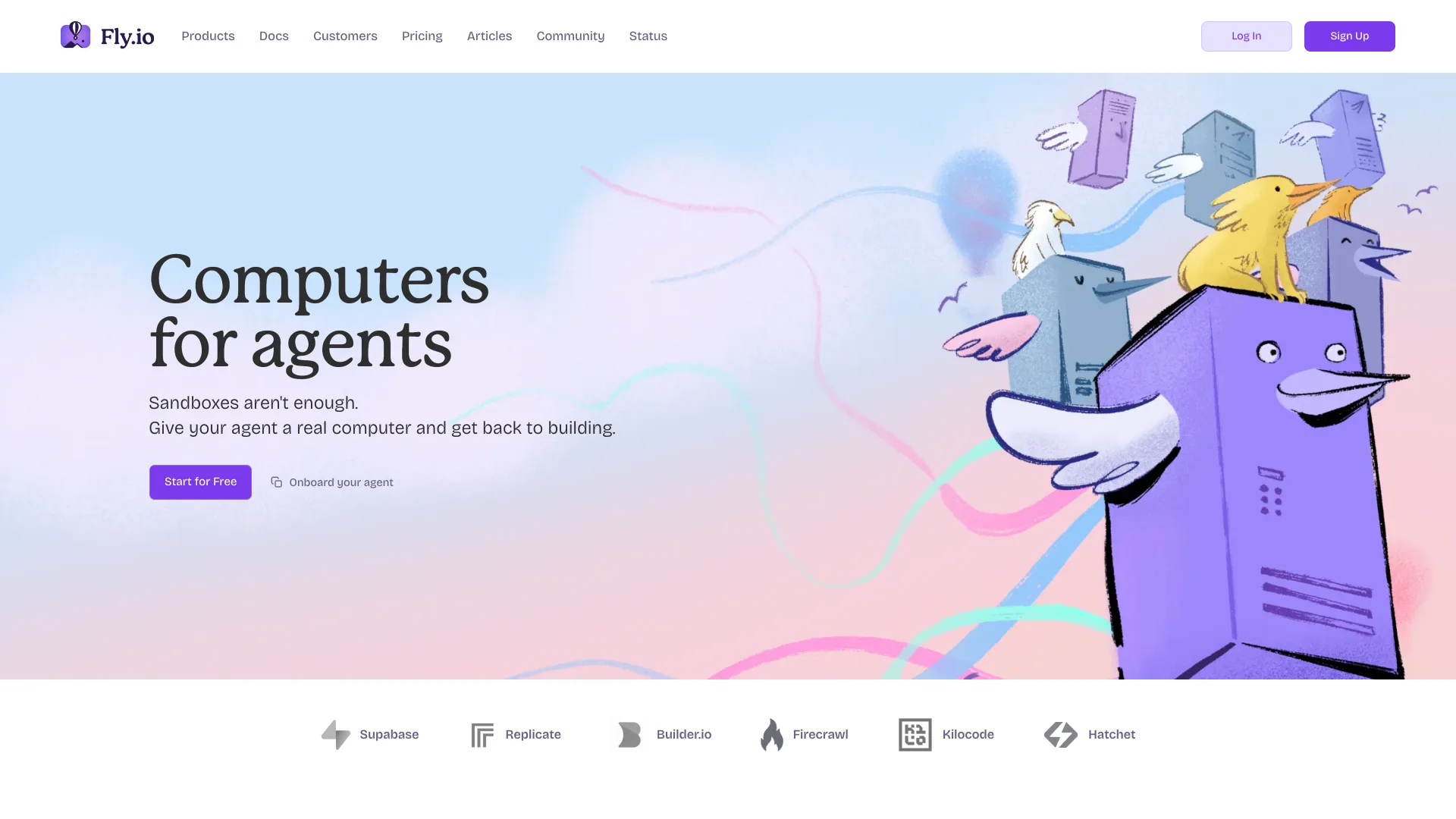 Fly.io homepage headlined "Computers for agents"