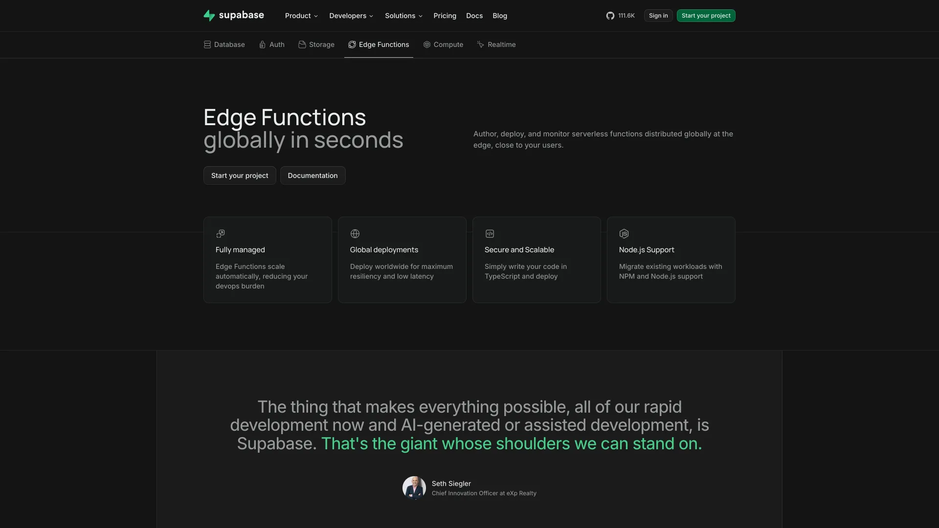 Supabase Edge Functions page headlined "Edge Functions globally in seconds" with a Node.js Support card