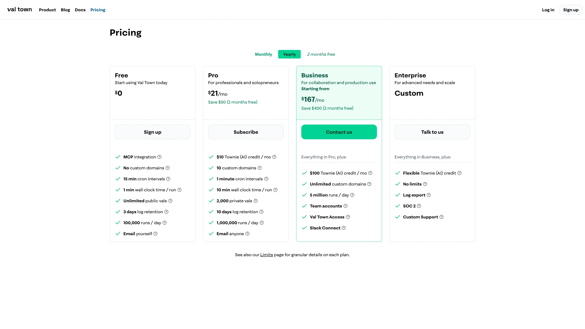 Val Town pricing page with Free, Pro at $21 and Business at $167 a month on yearly billing