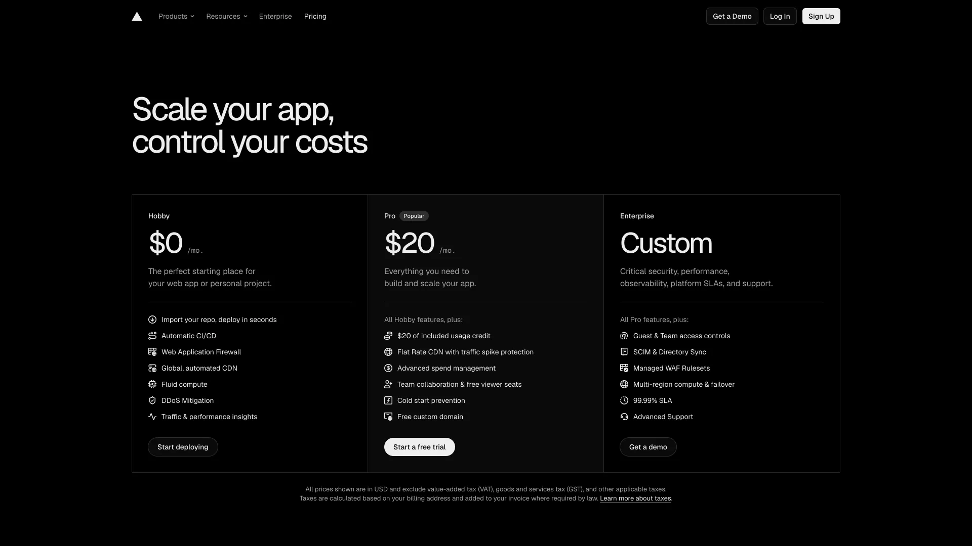 Vercel pricing page with Hobby at $0, Pro at $20 and a custom Enterprise plan