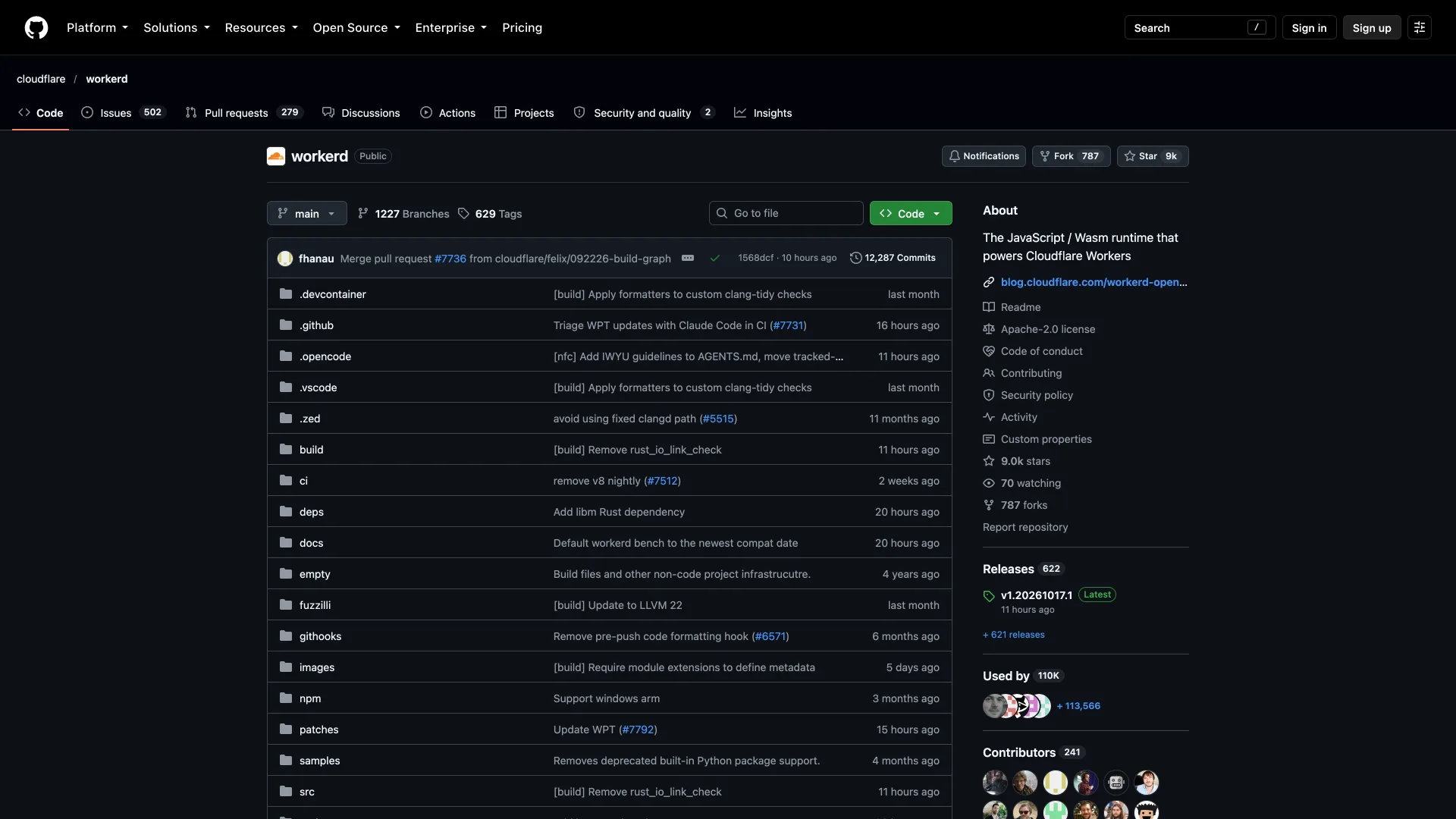 workerd GitHub repository describing "The JavaScript / Wasm runtime that powers Cloudflare Workers"